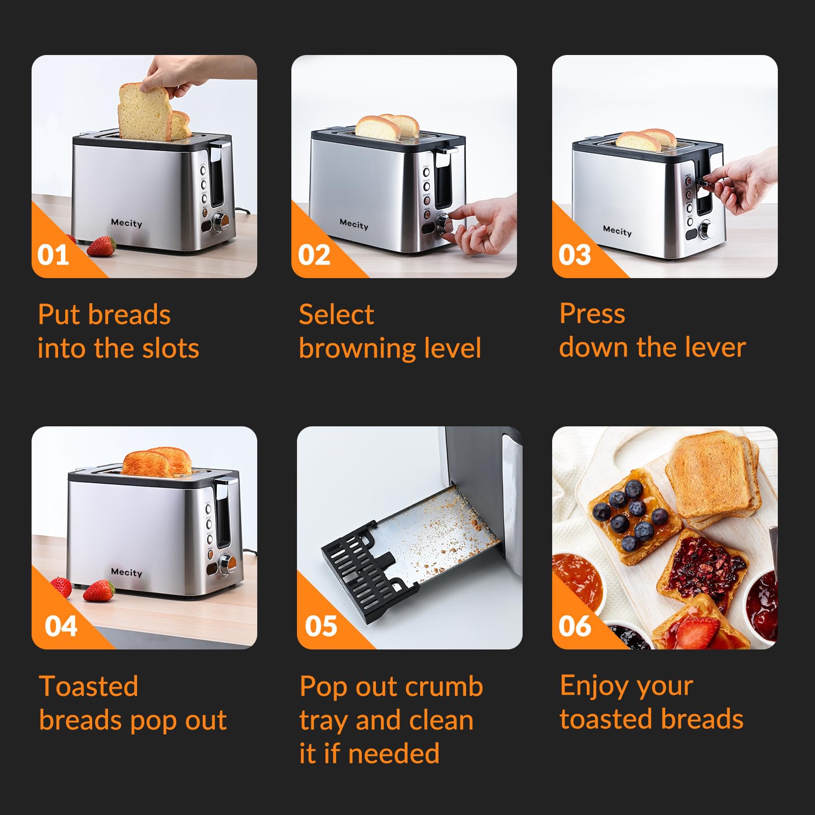 Mecity 4 Slice Toaster, Long Slot Toaster With Warming Rack, Timer, Bagel, Defrost, Reheat Functions, Crumb Tray, 6 Browning Settings, Extra Wide Long Slots, Stainless Steel, 1300W, Grey