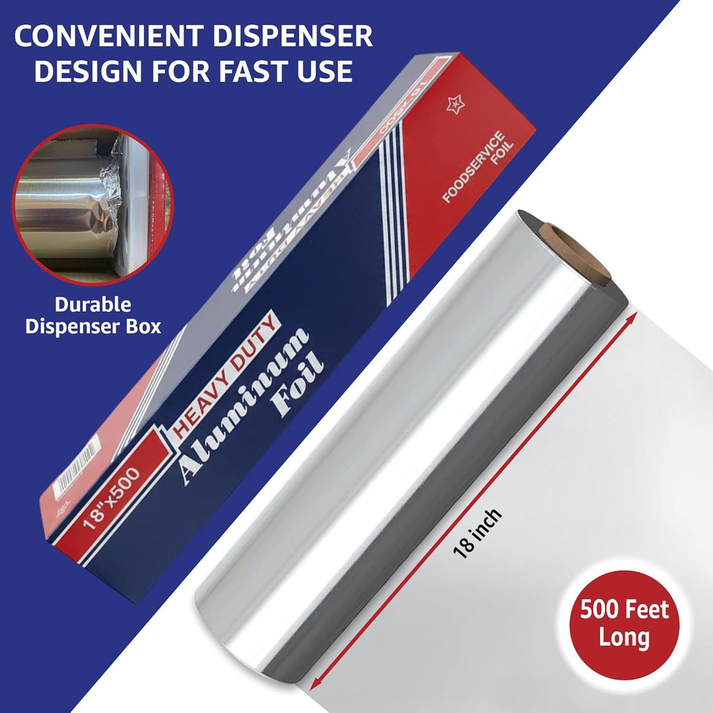 18" x 500' Heavy Duty Commercial Grade Food Safe Aluminum Foil Roll - Durable and Tear Resistant for Cooking, Grilling, and Roasting - Ideal for Restaurants, Catering, and Professional Kitchens