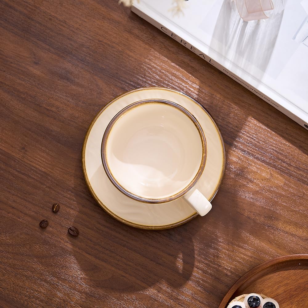 Coffeezone Vintage Design 12 oz Ceramic Latte Art Cappuccino Barista Cup with Saucer (Beige)