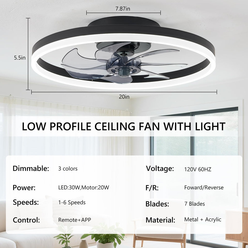 16 Inch RGB Low Profile Ceiling Fans with Lights, Modern Flush Mount Fandelier Chandelier Fixture, Remote & APP Control, Black LED Ceiling Fan Light for Bedroom, Living Room, Kitchen Indoor