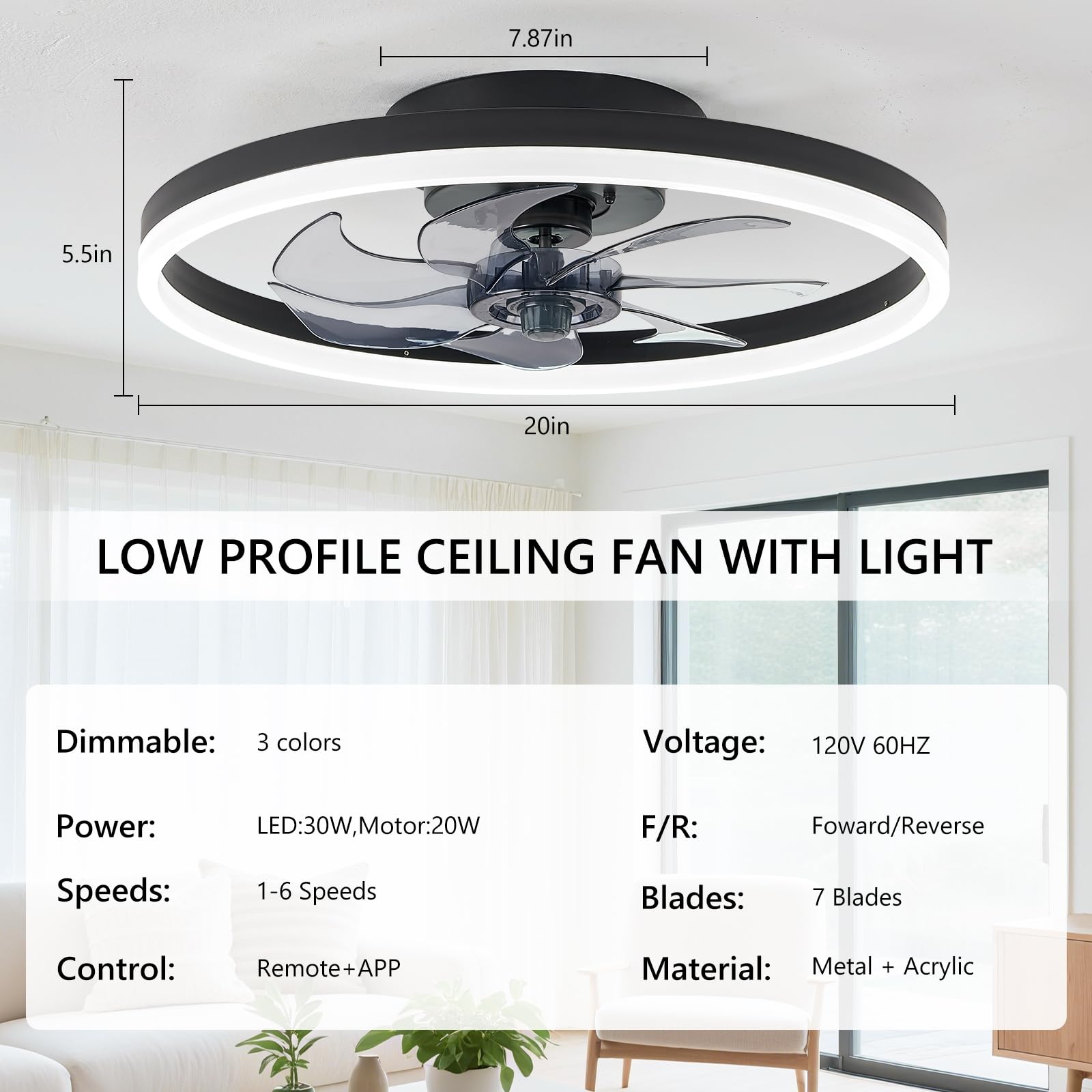 16 Inch RGB Low Profile Ceiling Fans with Lights, Modern Flush Mount Fandelier Chandelier Fixture, Remote & APP Control, Black LED Ceiling Fan Light for Bedroom, Living Room, Kitchen Indoor