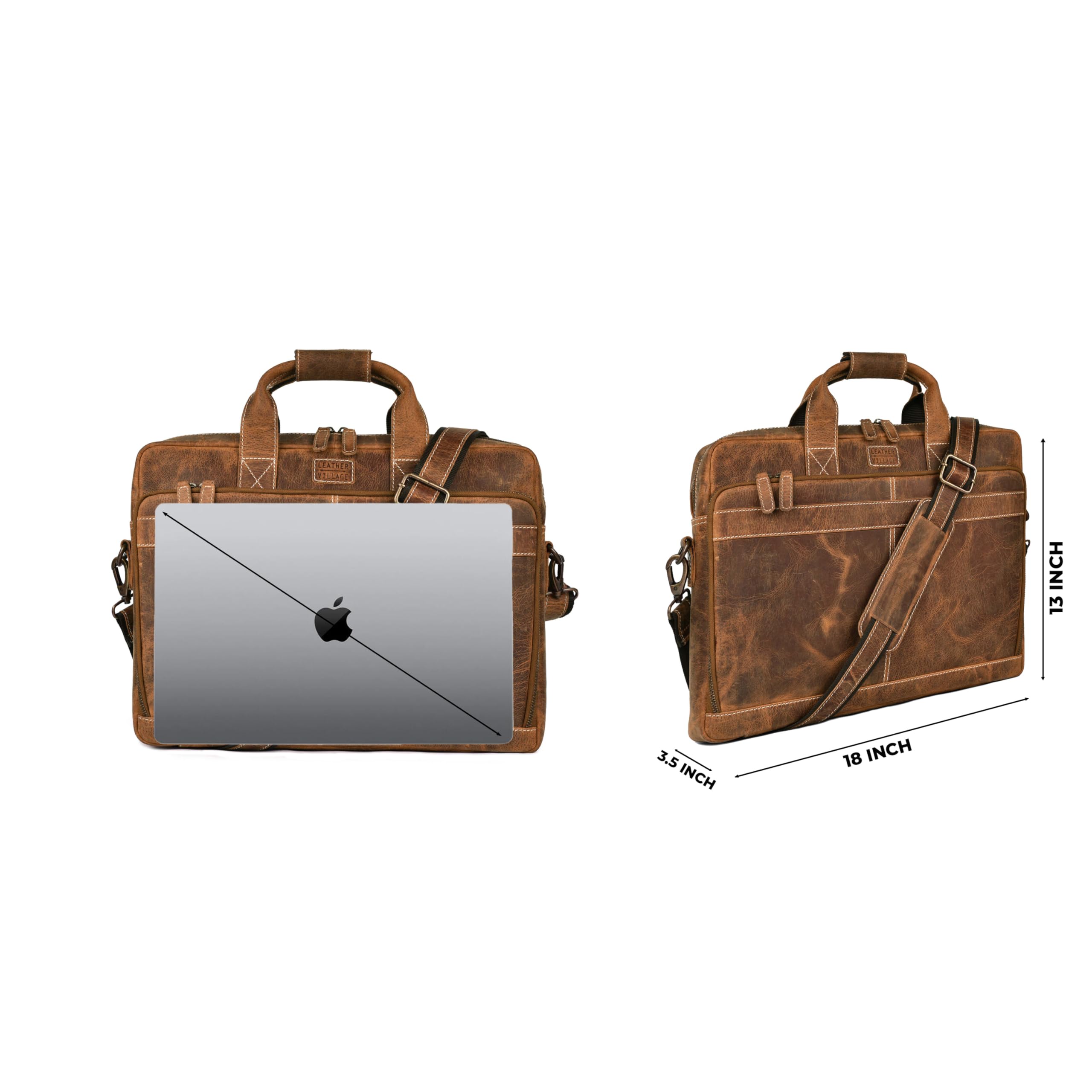 LEATHER VILLAGE 16" Leather Laptop Messenger Briefcase Bag for Men-Leather Satchel for Travel and Office Shoulder Bag-Black