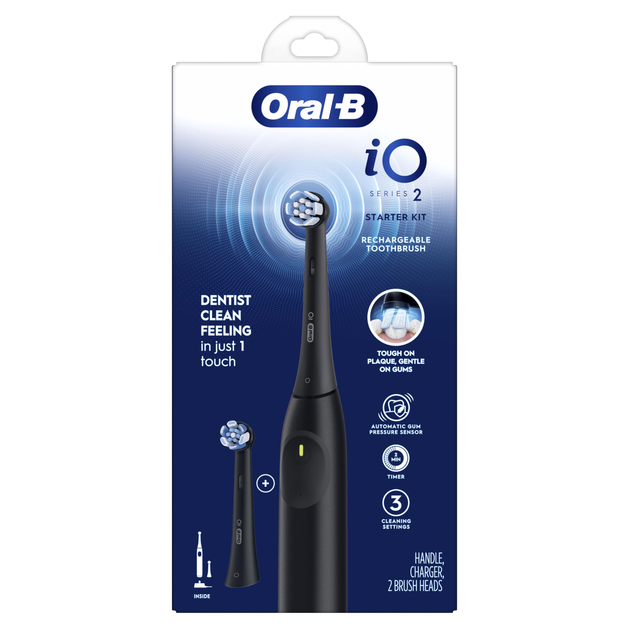 Oral-B Rechargeable Electric Toothbrush, iO2 Starter Kit, 3 Cleaning Modes, Automatic Pressure Sensor to Protect Gums, 2 Brush Heads, Forest Green