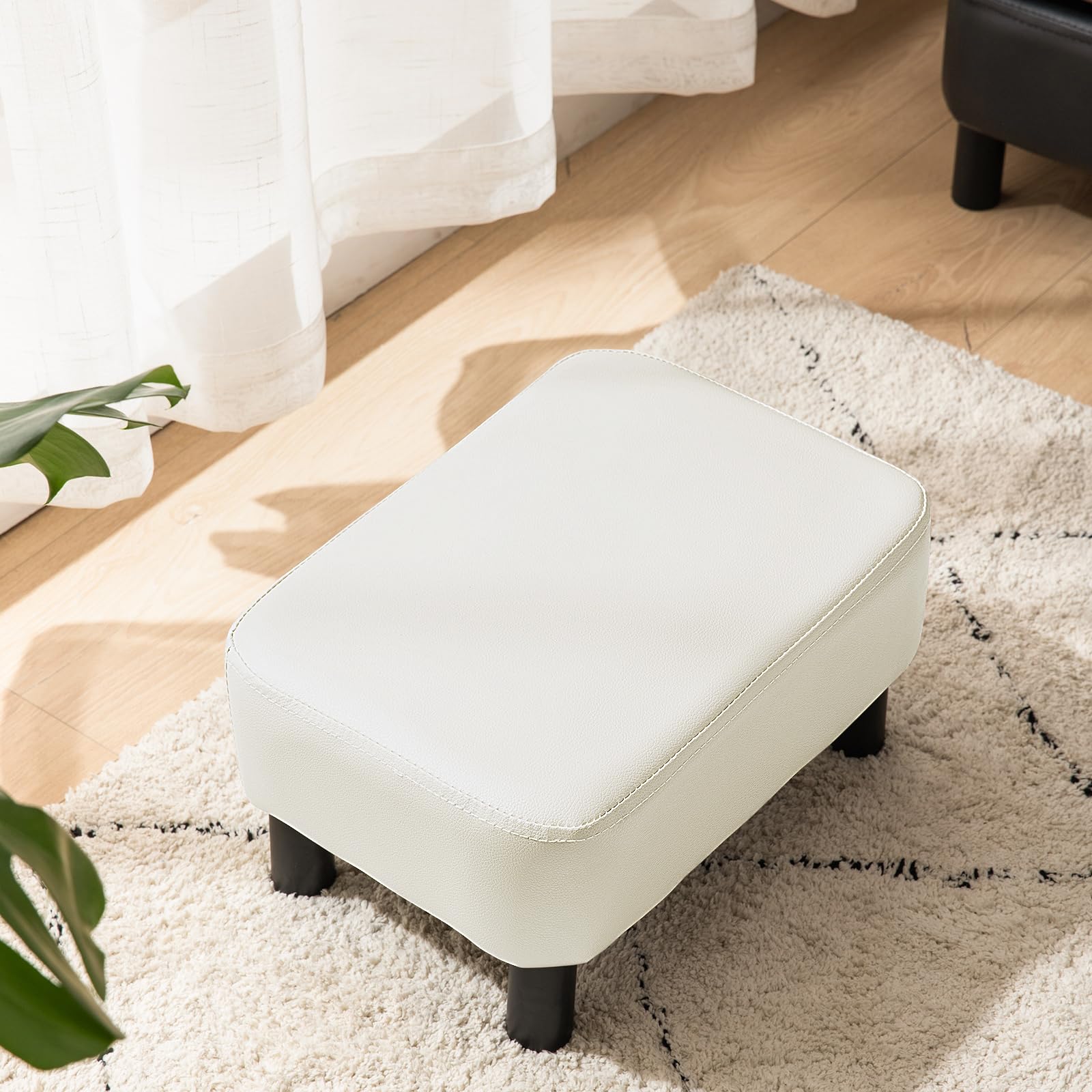 IBUYKE 16.54" Small Footstool, PU Faux Leather Step Stool, with Padded Seat Pine Wood Legs and Padded Rectangular Stool, for Bedroom, Black RF-BD210
