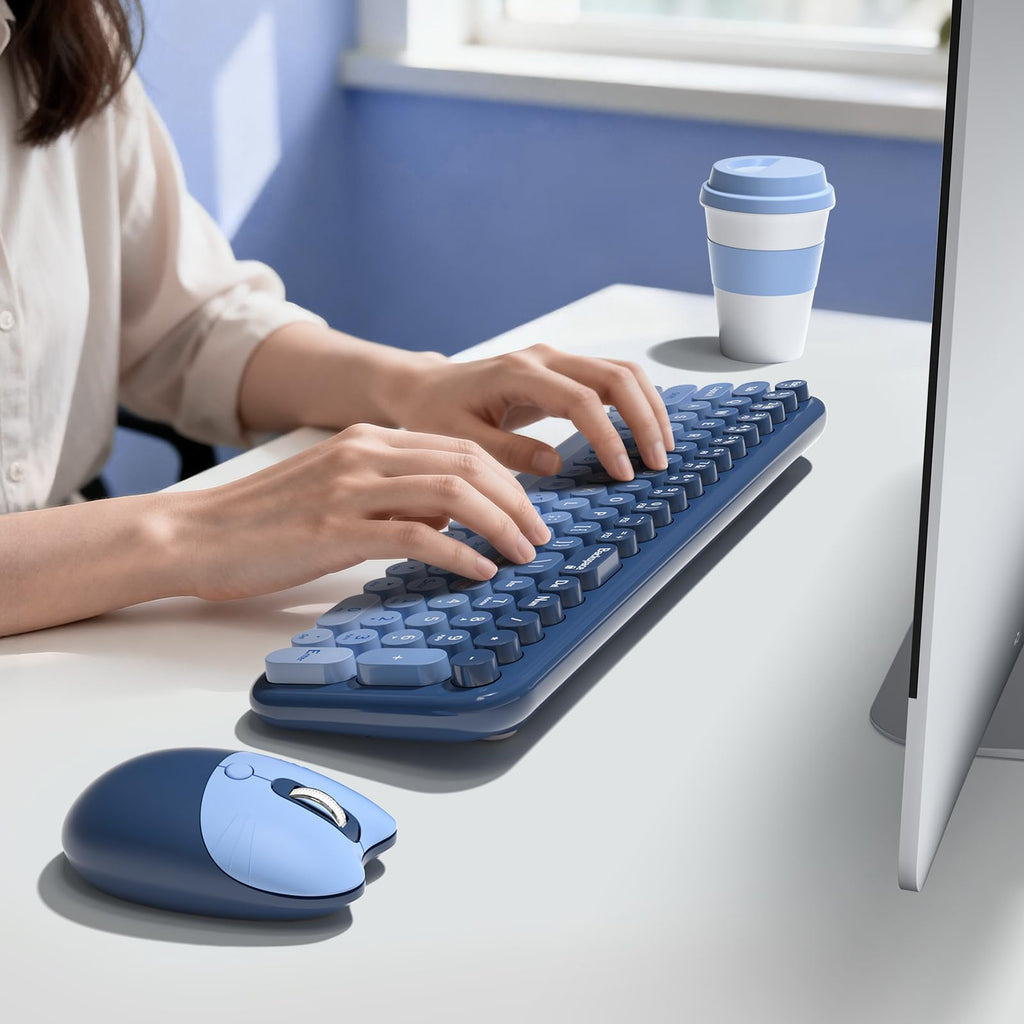 MOFII Wireless Keyboard and Mouse Combo, Compact Typewriter Retro Round Computer Keyboard and Mouse Set, Plug and Play, for Windows, Computer, Desktop, PC, Notebook - Black Green Gradient
