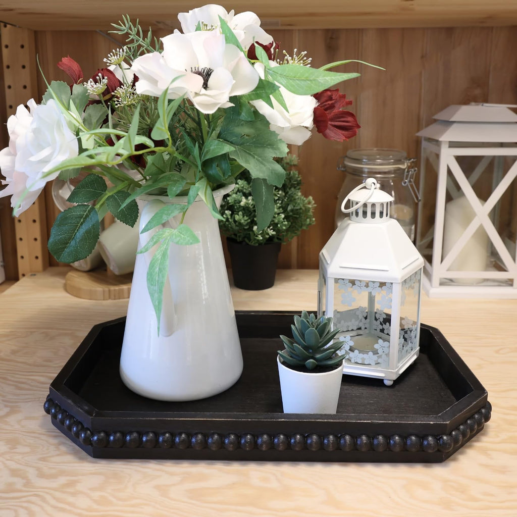 Hrastany Wood Rustic Serving Tray with Beads, Farmhouse Black Decorative Tray for Table Centerpiece, Christmas Wedding Halloween Home Decor
