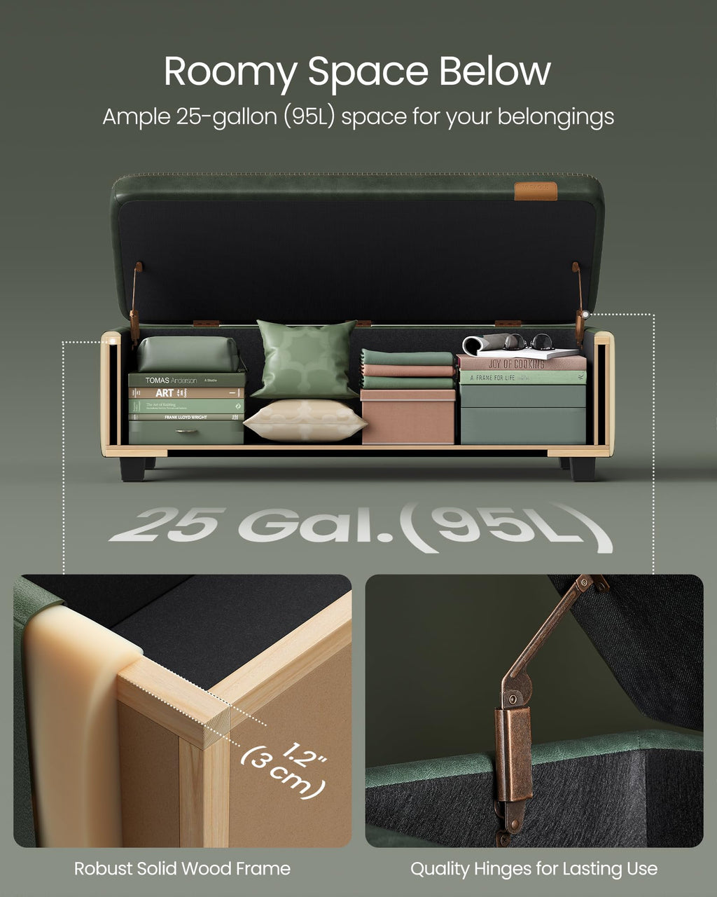 VASAGLE EKHO Collection - Storage Ottoman Bench, Entryway Bedroom Bench, 15 Gallons, Synthetic Leather with Stitching, Mid-Century Modern, Safety Hinges, Loads 660 lb, Caramel Brown ULOM074K01