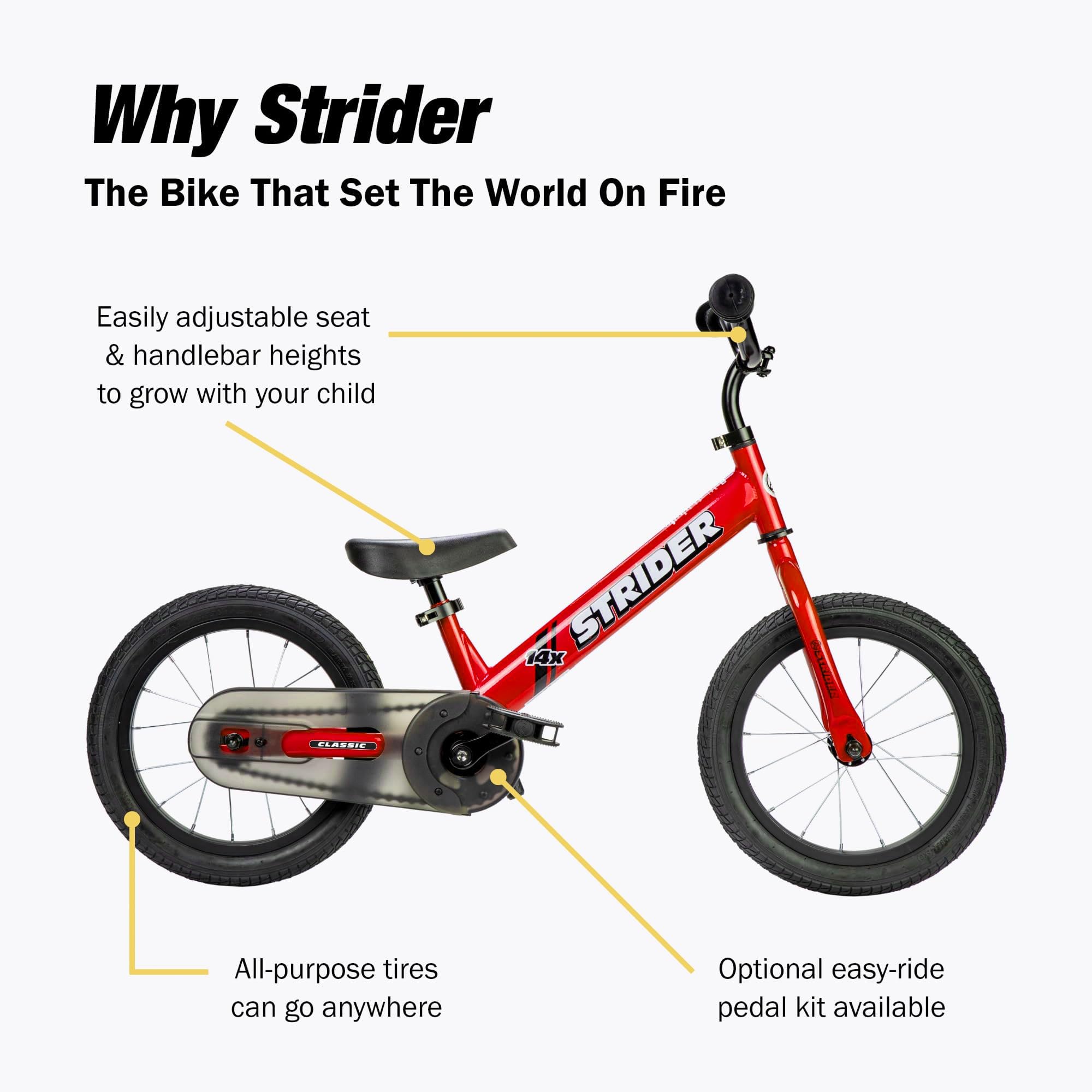 Strider 14x Classic, Balance Bike for Kids 3 to 6 Years - Includes Kid Sized Grips, Padded Seat, Performance Footrest, All-Purpose Tires-Easy Assembly, Tool-Free Adjustments
