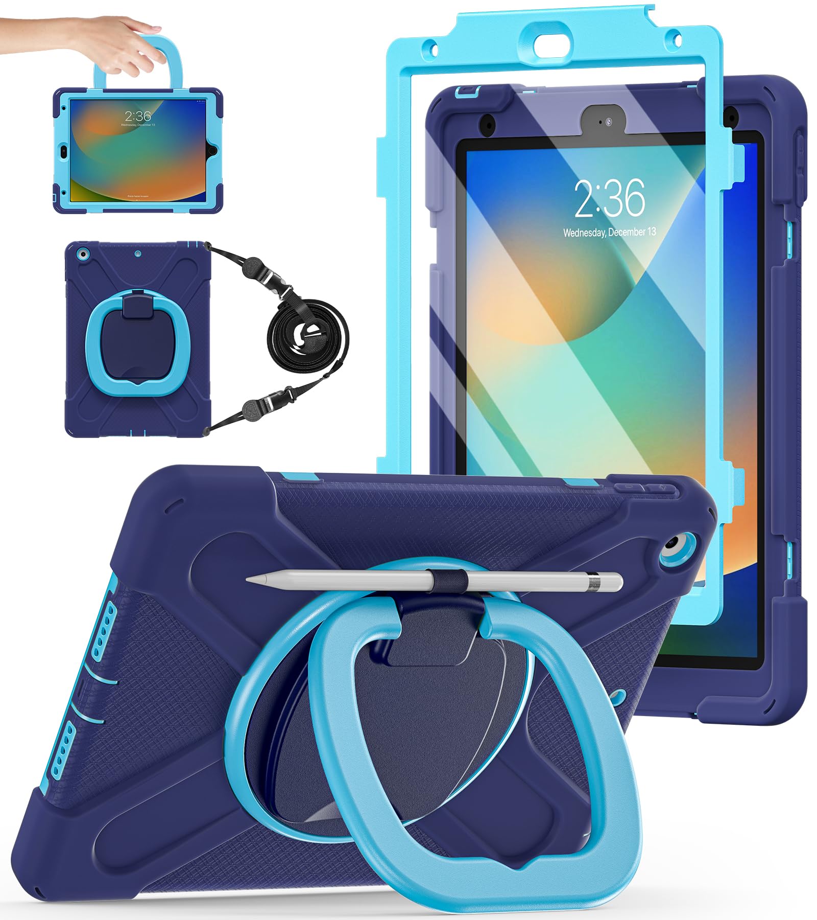 BATYUE for iPad 9th/ 8th/ 7th Generation Case (iPad 10.2 inch Rugged Case 2021/2020/2019) with Screen Protector, Rotating Stand/Pencil Holder/Carrying Shoulder Strap (Colourful Pink)