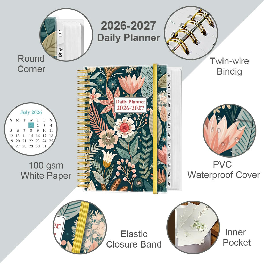 2026-2027 Daily & Monthly Planner - One Page Per Day, Daily Planner from July 2026 to June 2027, Planner 2026-2027 with 12 Monthly Tabs, 6.4" x 8.5", Black