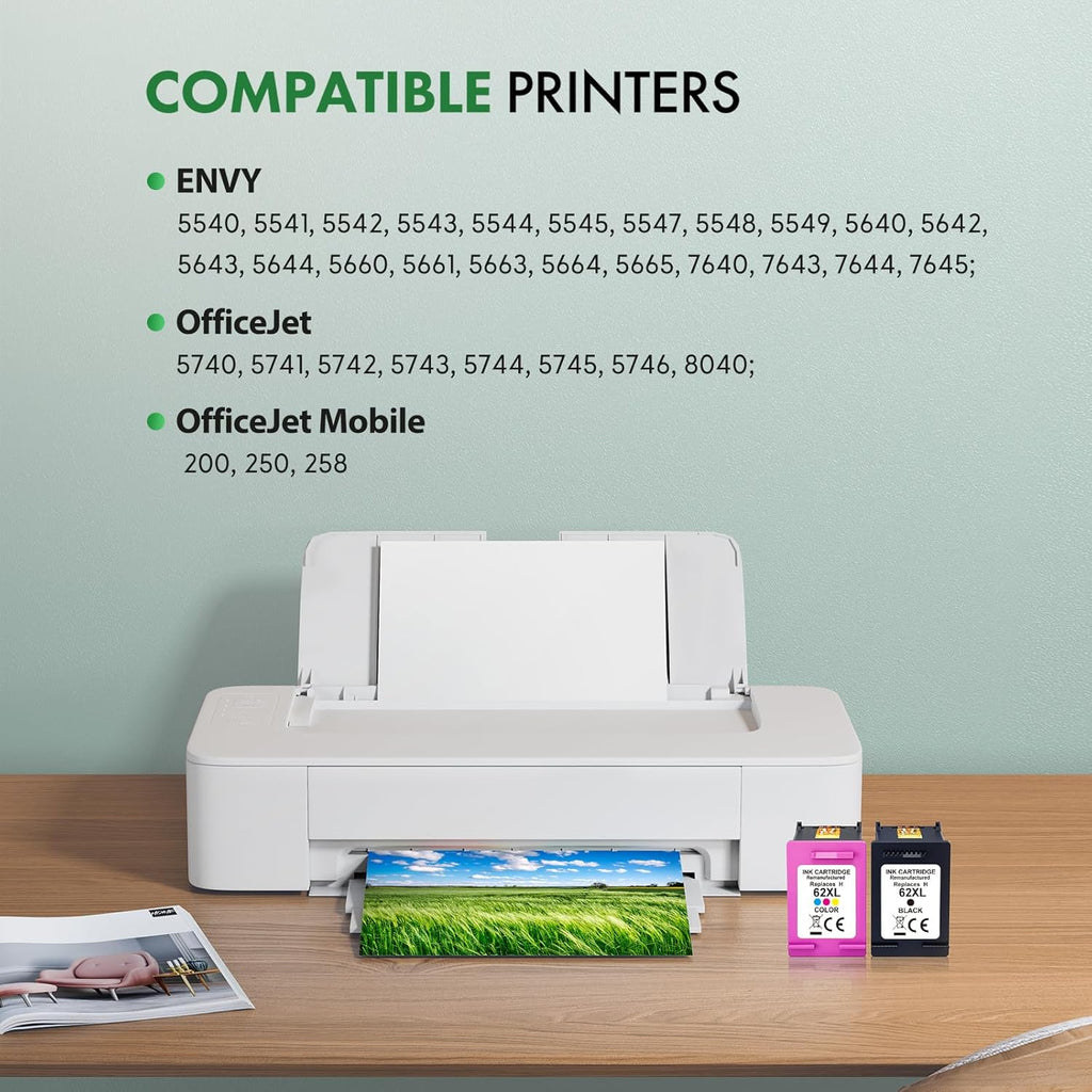 BKBKC Compatible 62XL Ink Cartridge Replacement for HP Envy 5540 5549 5640 5660 7640 OfficeJet Mobile 250 200 OfficeJet 5740 5741 8040, Black, Tri-Color, 2-Pack