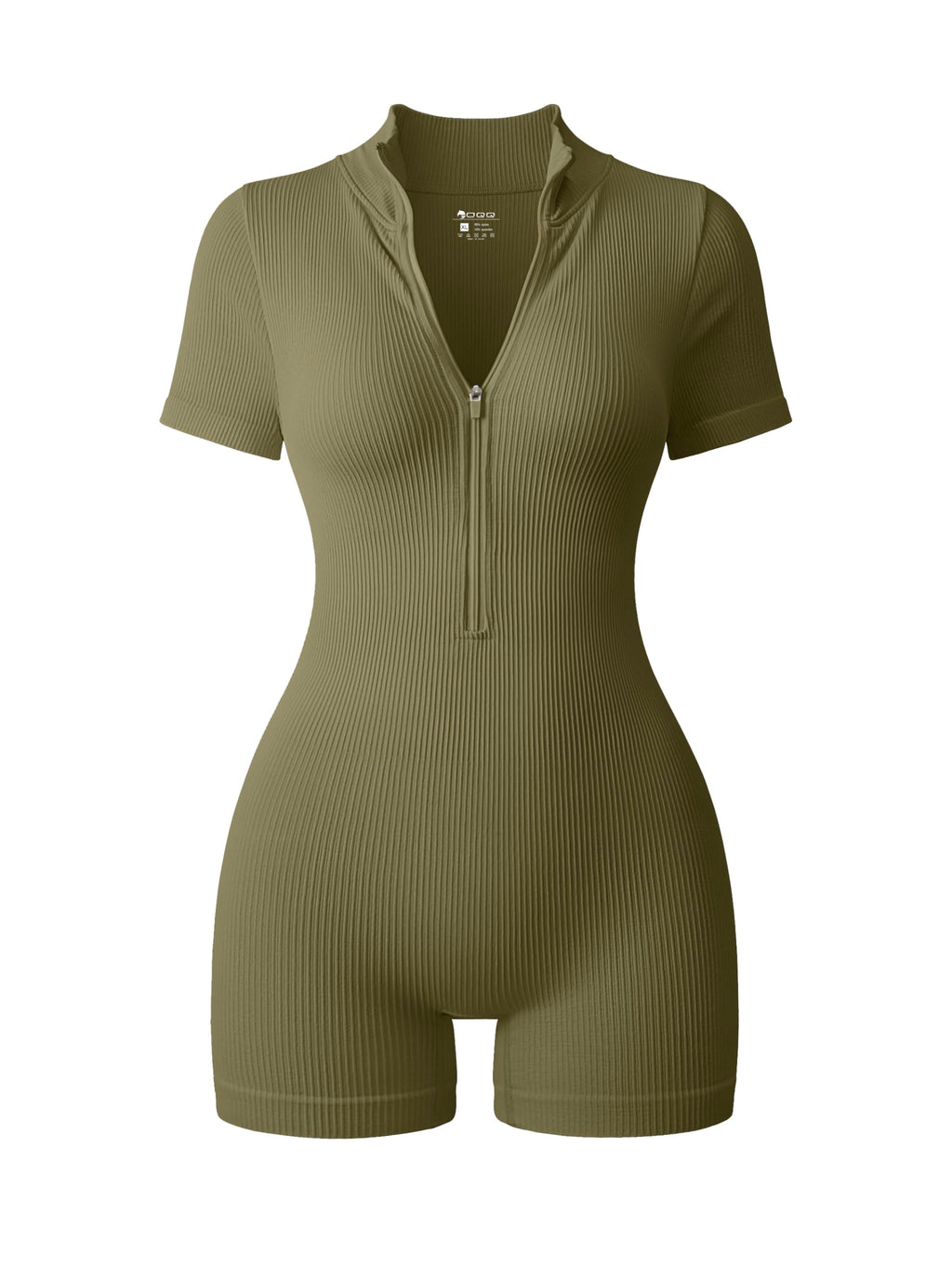 OQQ Women Rompers Ribbed Short Sleeve Zip Front Stretch Tummy Control Yoga Workout Rompers