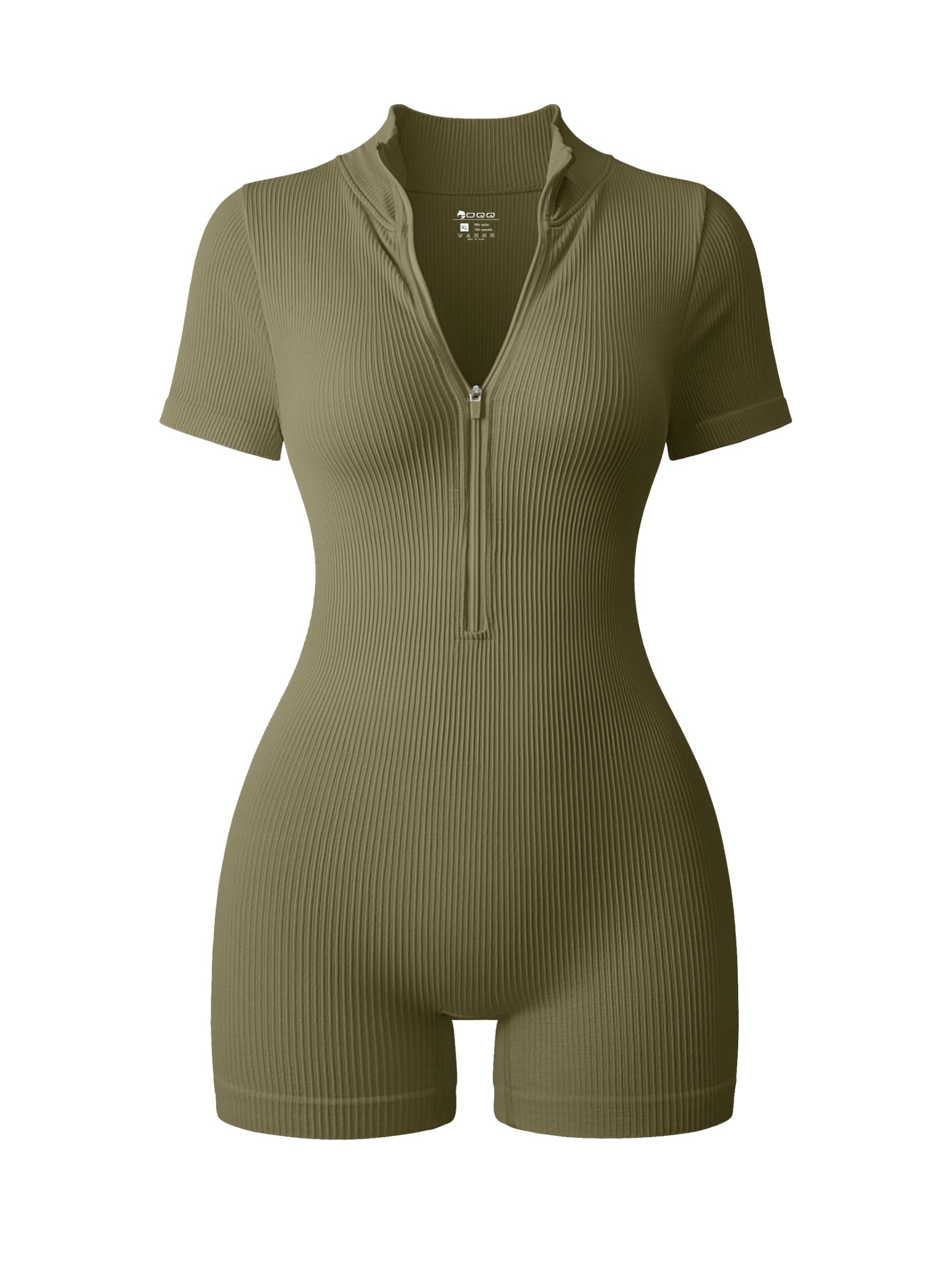 OQQ Women Rompers Ribbed Short Sleeve Zip Front Stretch Tummy Control Yoga Workout Rompers