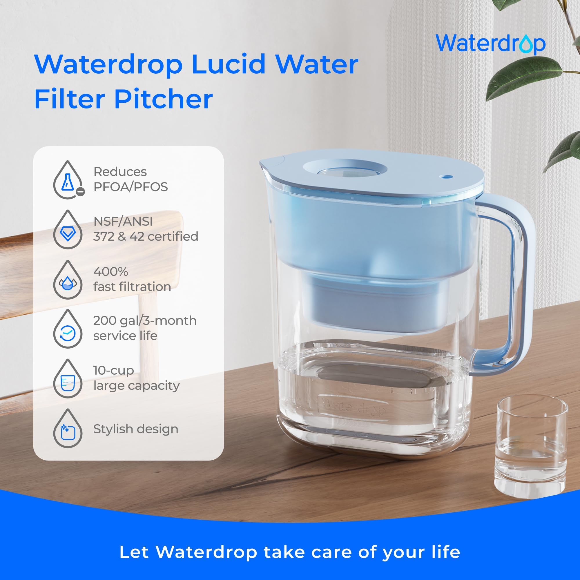 Waterdrop PT-07B Water Filter Pitcher, 10-Cup, NSF Certified Water Filter Pitcher, 200-Gallon Long-Life Filter, Reduces PFOA/PFOS and Chlorine, 5X Longer Filter Life, Blue