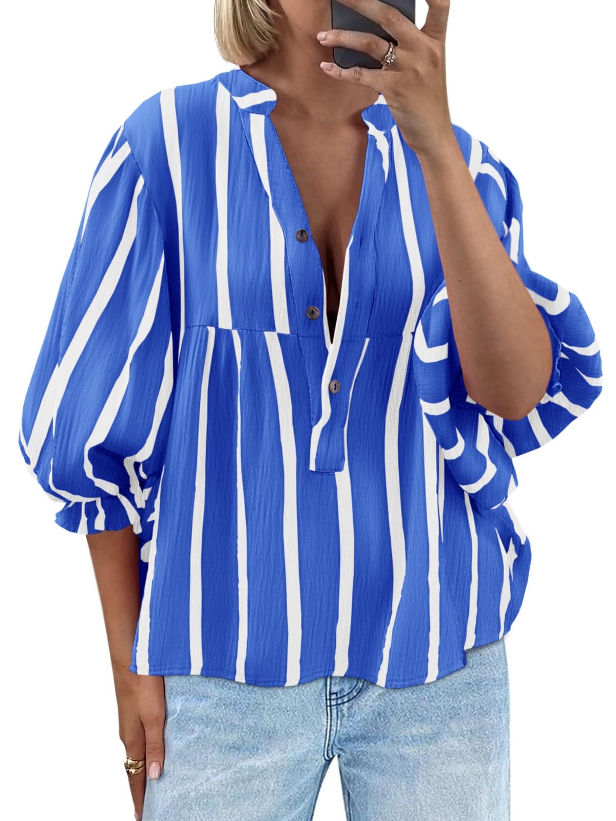 Tankaneo Womens Puff Sleeve Babydoll Tops Summer V Neck Striped Blouse Cute Casual Loose Fit Flowy Shirts