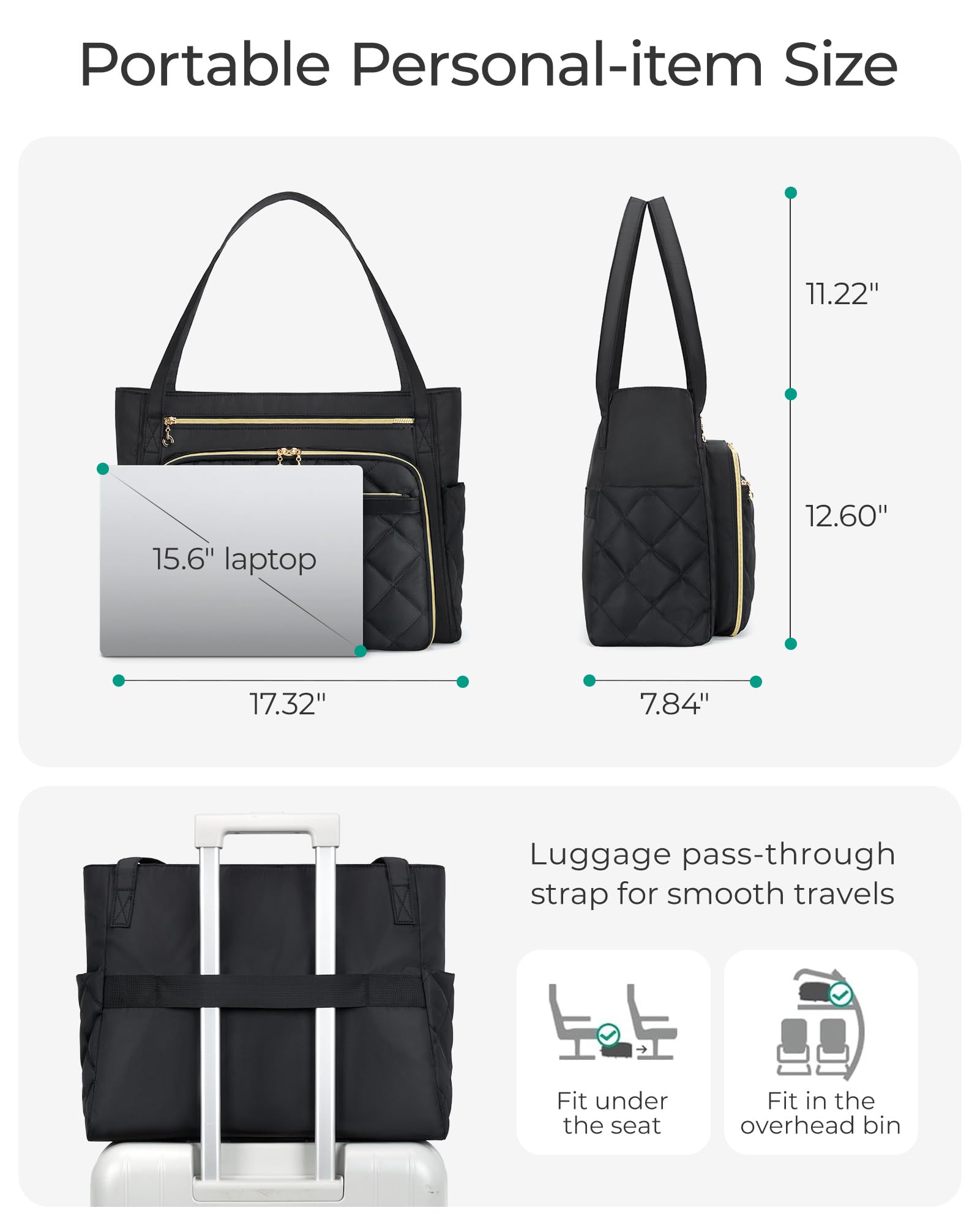 BAGSMART Teacher Tote Bag for Women 15.6in Quilted with Insulated Pocket & Nurse Bag Features (Black)