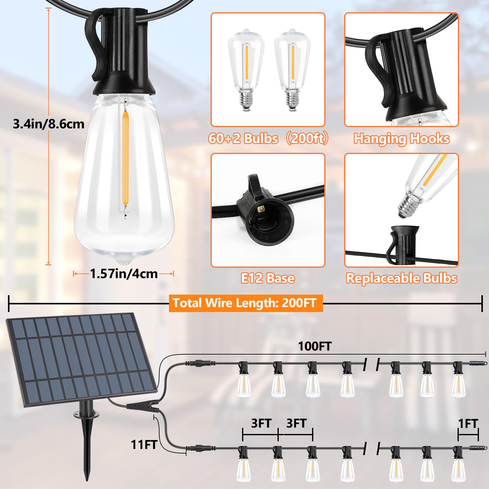 50 FT Solar String Lights for Outside, Solar Powered Outdoor String Lights with 26 Shatterproof Edison Bulbs, Dimmable Patio Lights Waterproof with Remote Timer for Wedding Backyard(Warm White)