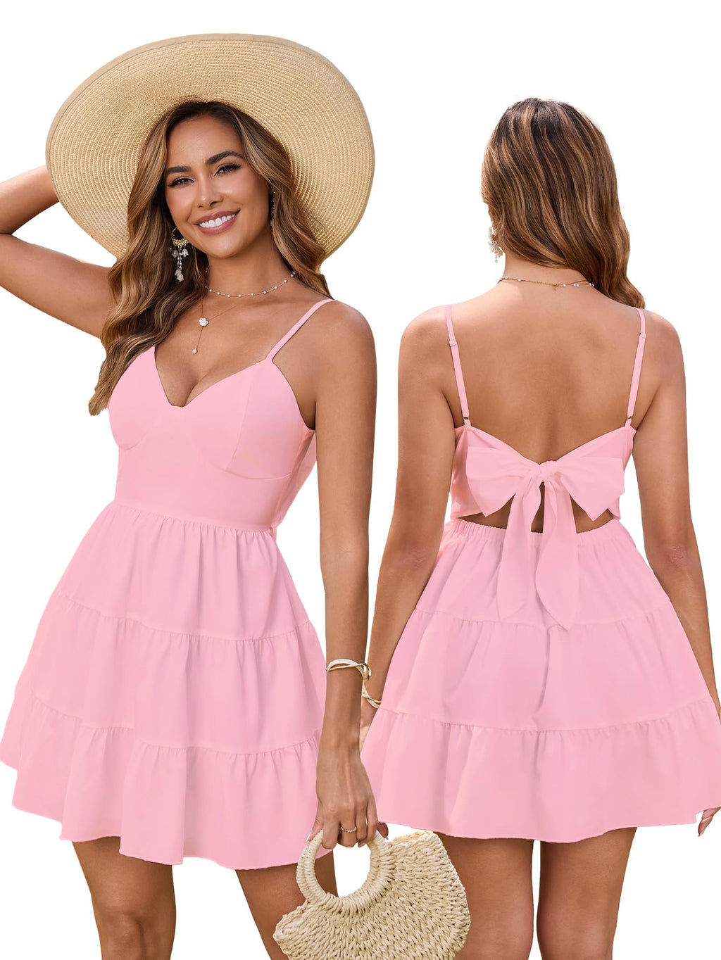 HTZMO Women Casual Summer Floral Mini Sundress V Neck Bow Tie Backless Flowy Cute Graduation Boho Beach Short Dress