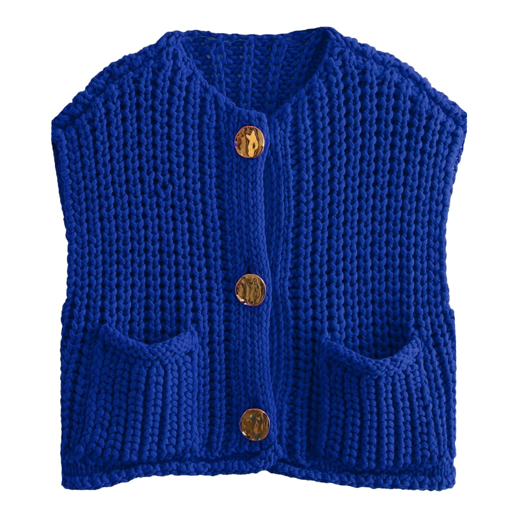 KEOMUD Women's Sleeveless Cropped Knit Cardigan Casual Button Down Crochet Sweater Vest Tops with Pockets