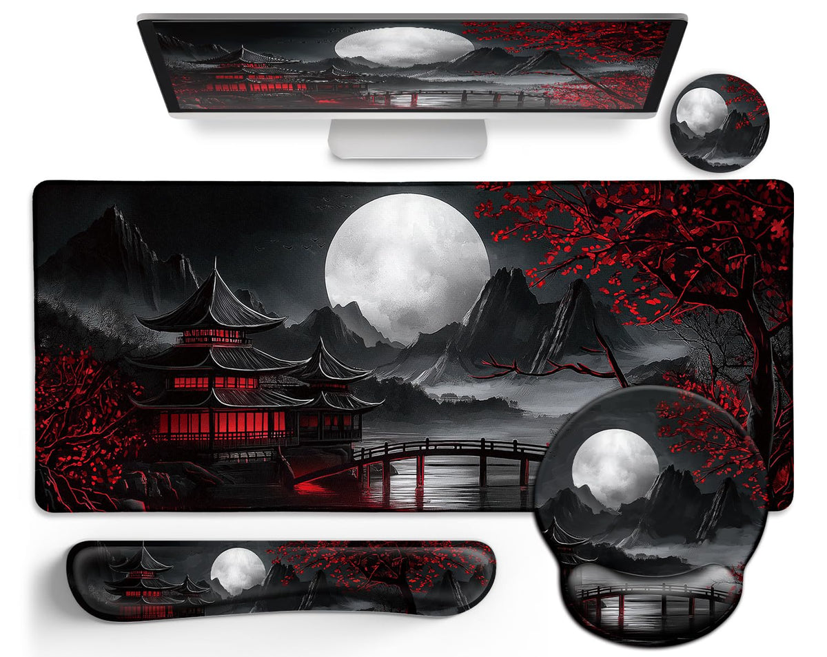 Black Striped Ergonomic Large Desk Mat Set with Wrist Rest