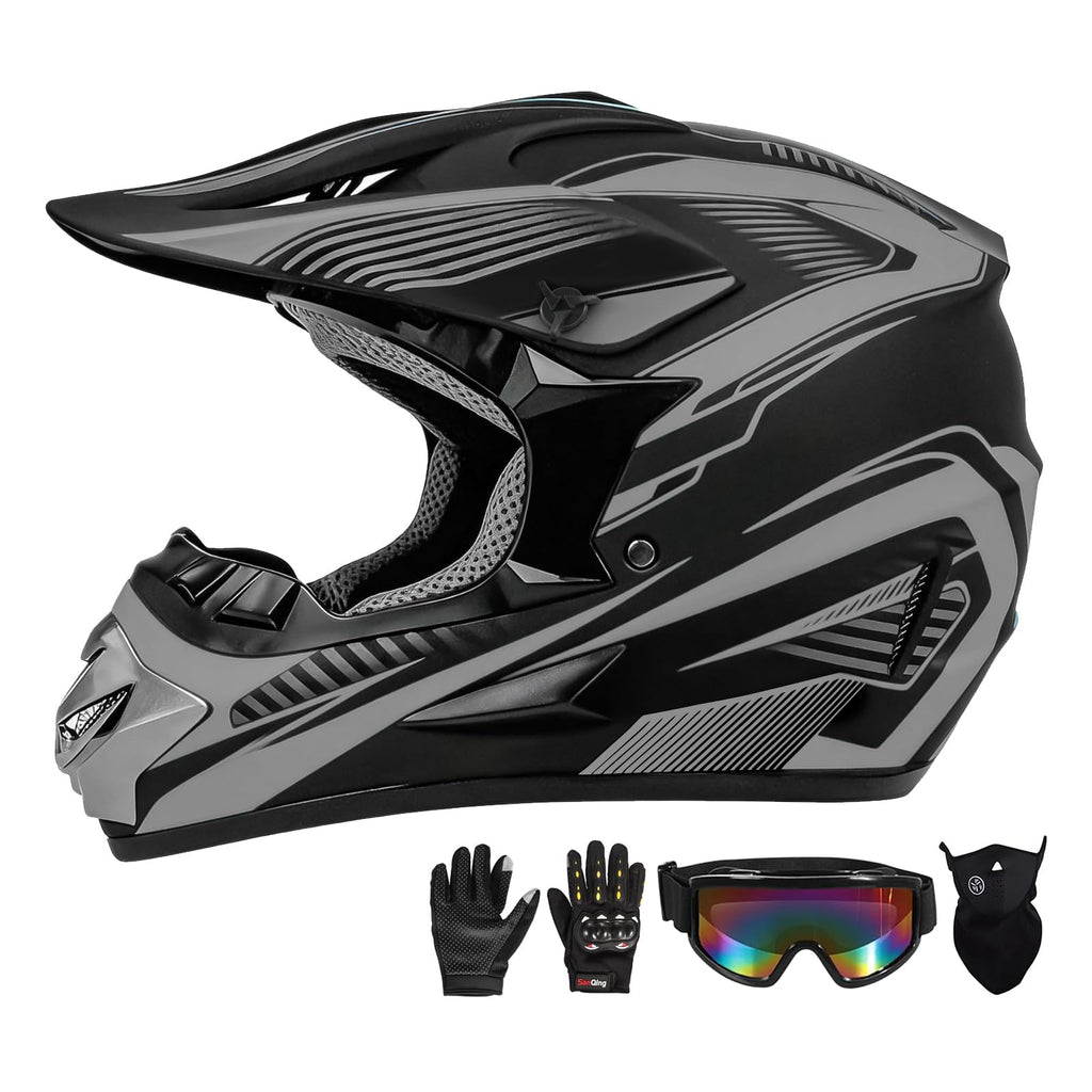 Youth Kids Motocross Helmet Full Face Motorcycle Dirt Bike Off-Road Mountain Bike BMX MX ATV Helmet,DOT Approved,W/Gloves Goggles Mask 4Pcs Set (Black, S)