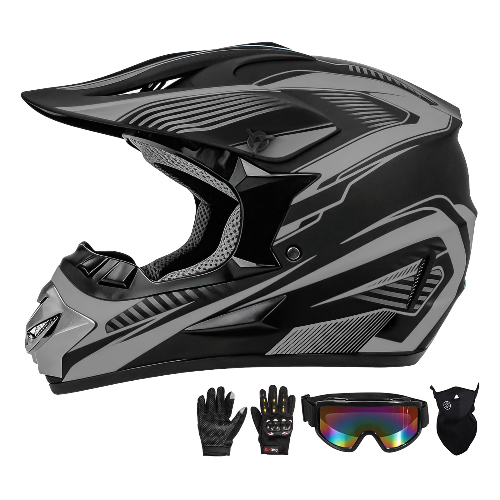 Youth Kids Motocross Helmet Full Face Motorcycle Dirt Bike Off-Road Mountain Bike BMX MX ATV Helmet,DOT Approved,W/Gloves Goggles Mask 4Pcs Set (Black, S)