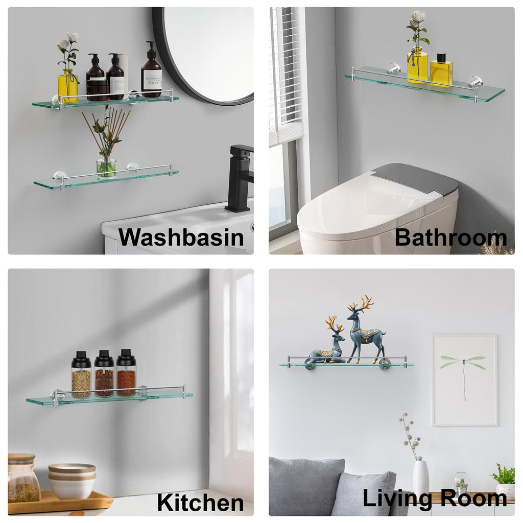 Glass Bathroom Shelves,Brushed Gold Floating Shelves for Wall Rectangular Modern Stainless Steel Glass Shelf for Bathroom Shelves wall Mounted 16 Inch