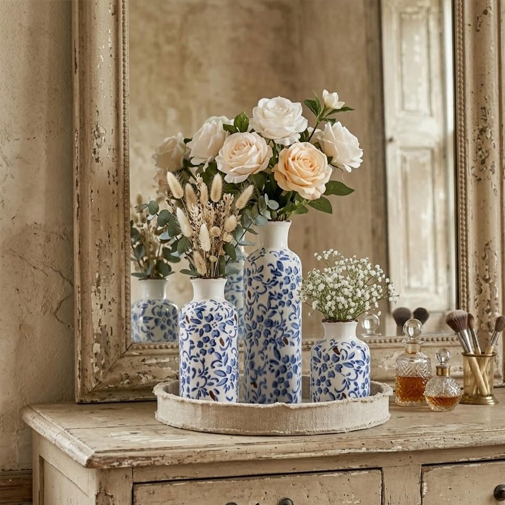 Ceramic Vase Set - 3 Ceramic Small Vases, Farmhouse Country Flower Vase Home Decor, Living Room Decoration, Table Decoration, Fireplace Decor, and Entrance Decorations Centerpieces
