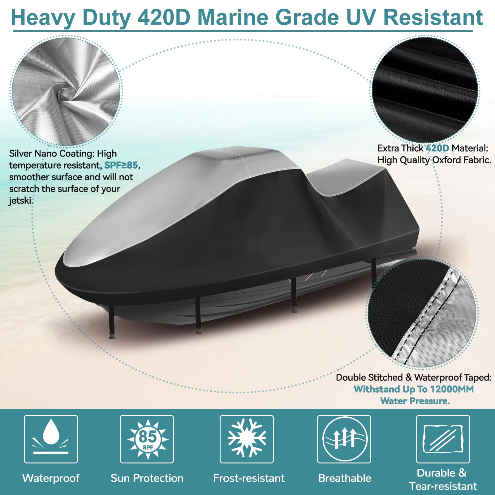 Jet Ski Cover,Heavy Duty 900D Oxford Jetski Cover 2 3 Seater with 2 Air Vents，4 Windproof Buckles，Easy On，Jetski Cover Waterproof for Seadoo Spark,Yamaha,All Weather Protection(Black, XL:115"-120")