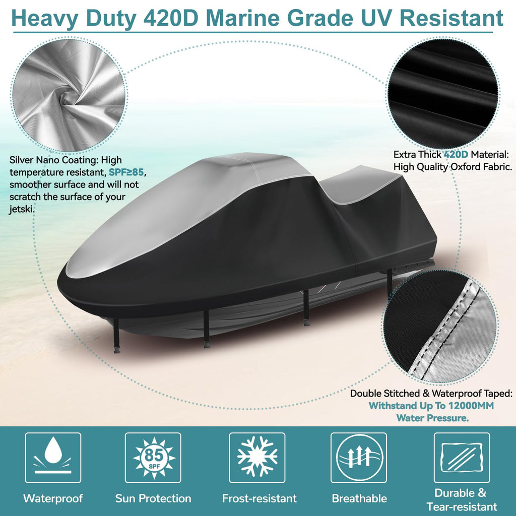 Jet Ski Cover,Heavy Duty 900D Oxford Jetski Cover 2 3 Seater with 2 Air Vents，4 Windproof Buckles，Easy On，Jetski Cover Waterproof for Seadoo Spark,Yamaha,All Weather Protection(Black, XL:115"-120")