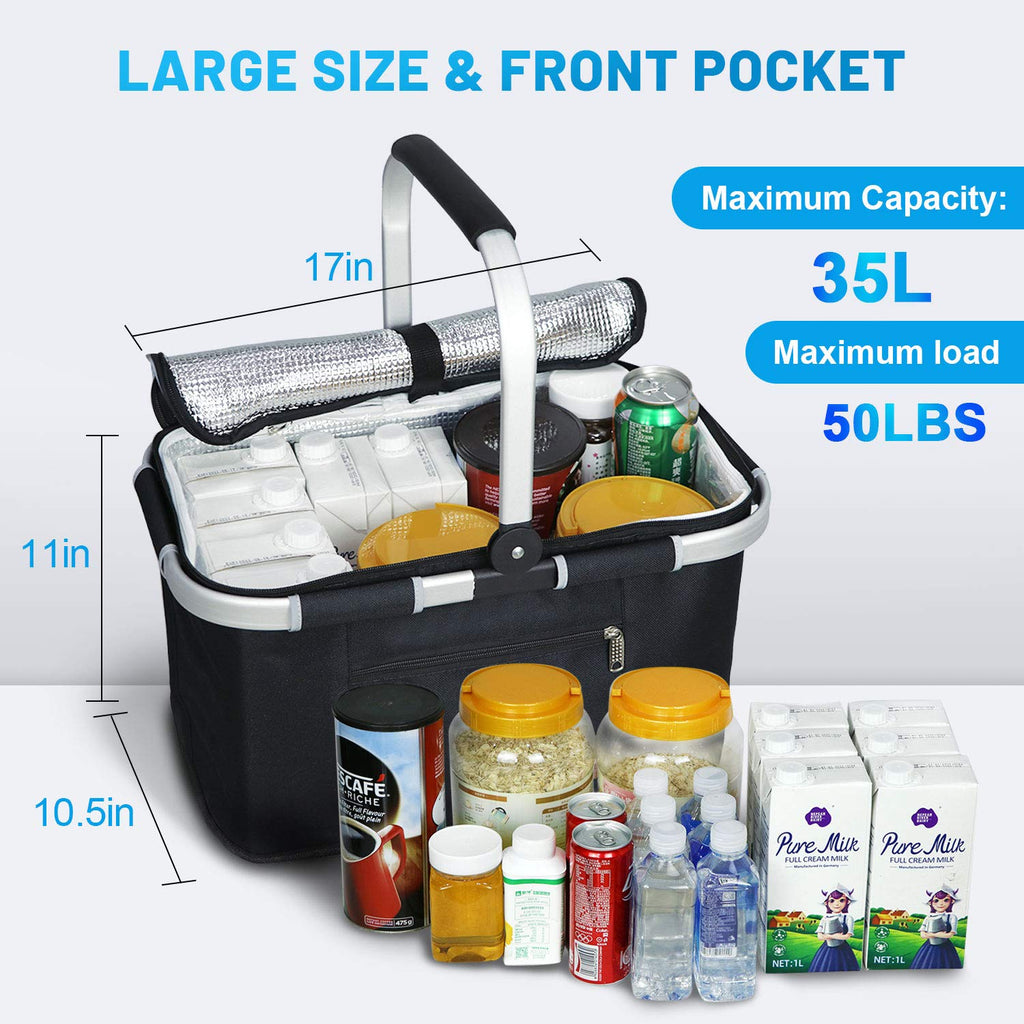 LIQING 35L Large Picnic Basket 2 Layers of Internal Pockets Leak-Proof and Insulated ，Folding with Internal Support for enhansed Stability, Wedding Gifts for Couple(Black)
