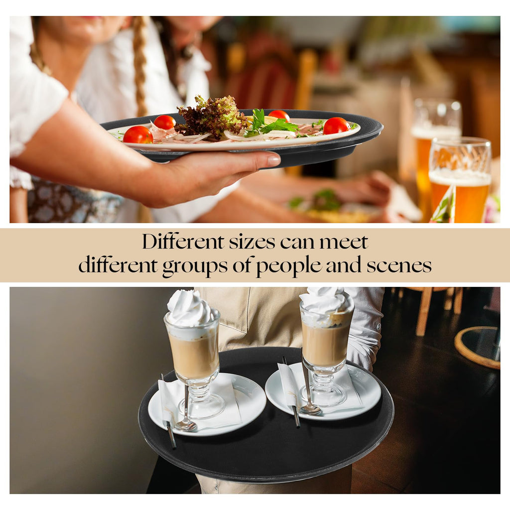 Zopeal 2 Pieces Black Round Restaurant Serving Tray, Plastic Non Slip Surface Food Meals Server Tray with Raised Edges for Home, Kitchen, Restaurant, Cafeteria, Bar (11")