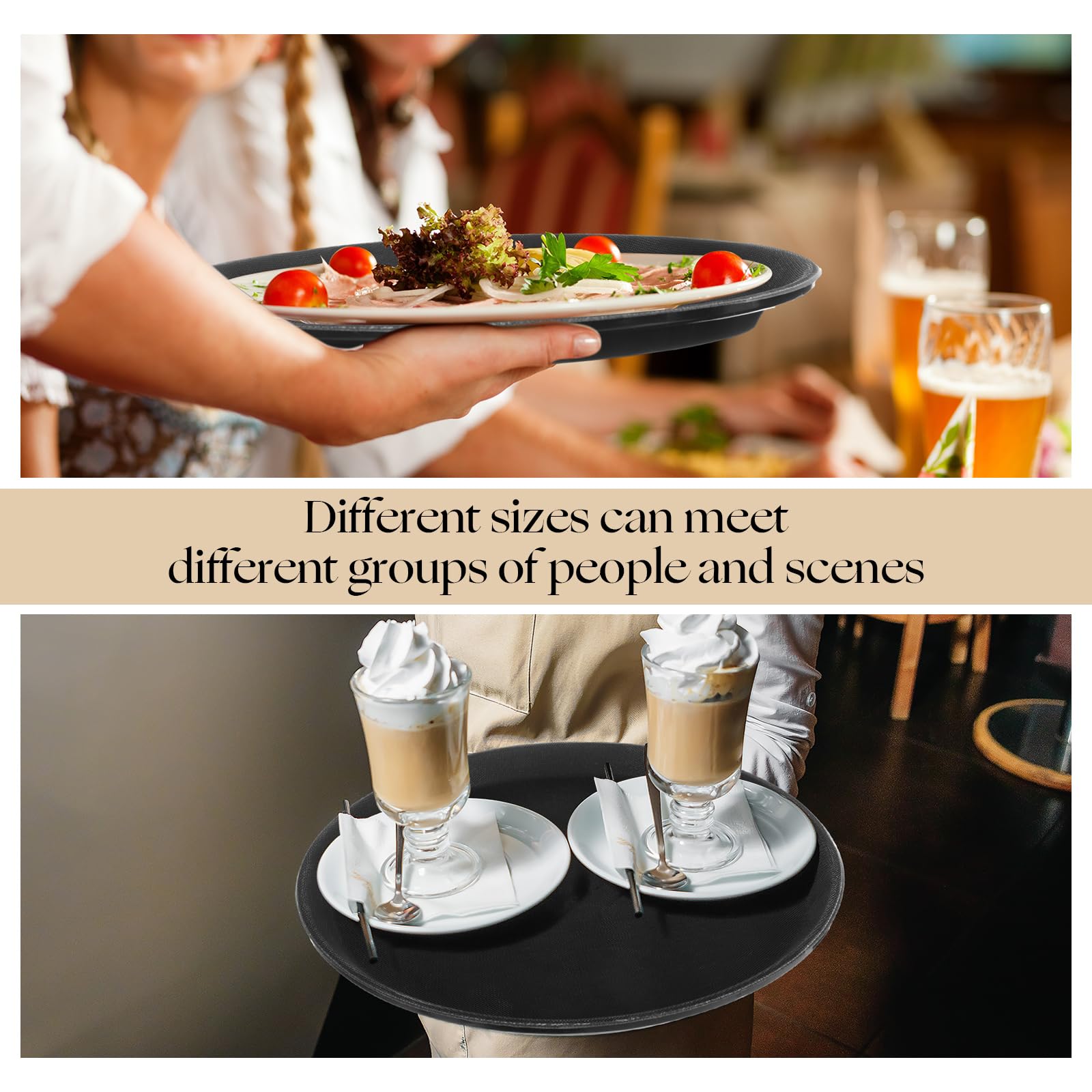 Zopeal 2 Pieces Black Round Restaurant Serving Tray, Plastic Non Slip Surface Food Meals Server Tray with Raised Edges for Home, Kitchen, Restaurant, Cafeteria, Bar (11")