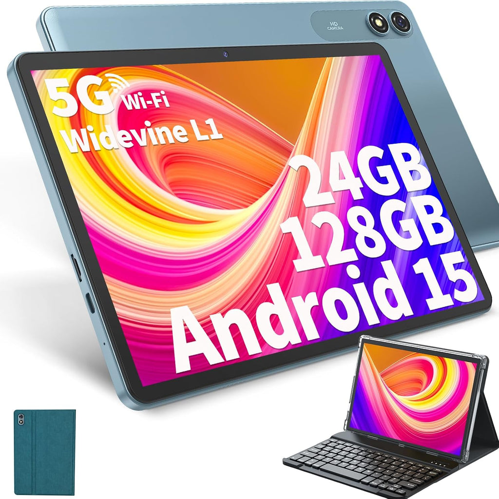 HISORL Android Tablet with Keyboard, Android 15 Tablet 10 inch with 24GB+128GB, 1TB Expand, 8-Core, 8000mAh, 5G WiFi, Widevine L1, GMS, with Case, Keyboard, Mouse, Stylus(Green)