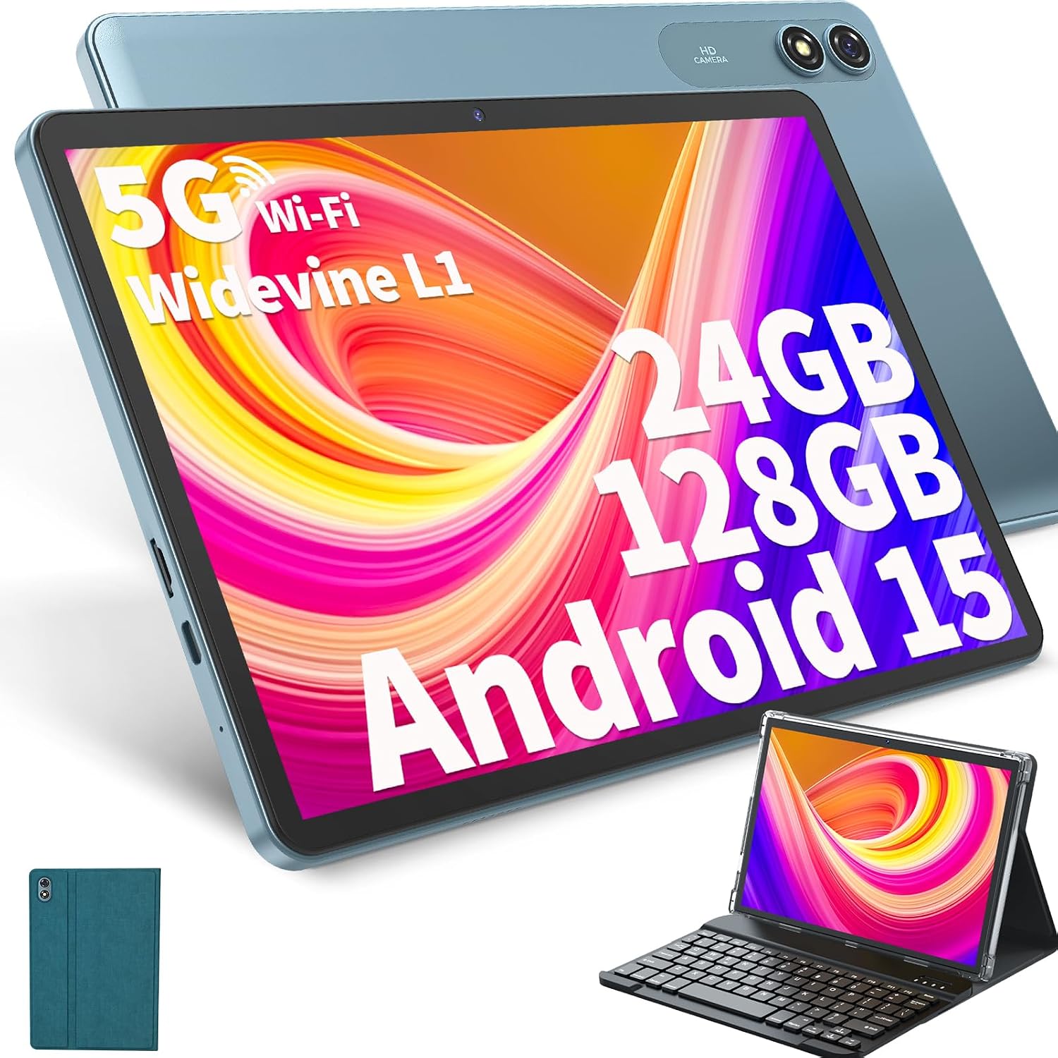 HISORL Android Tablet with Keyboard, Android 15 Tablet 10 inch with 24GB+128GB, 1TB Expand, 8-Core, 8000mAh, 5G WiFi, Widevine L1, GMS, with Case, Keyboard, Mouse, Stylus(Green)