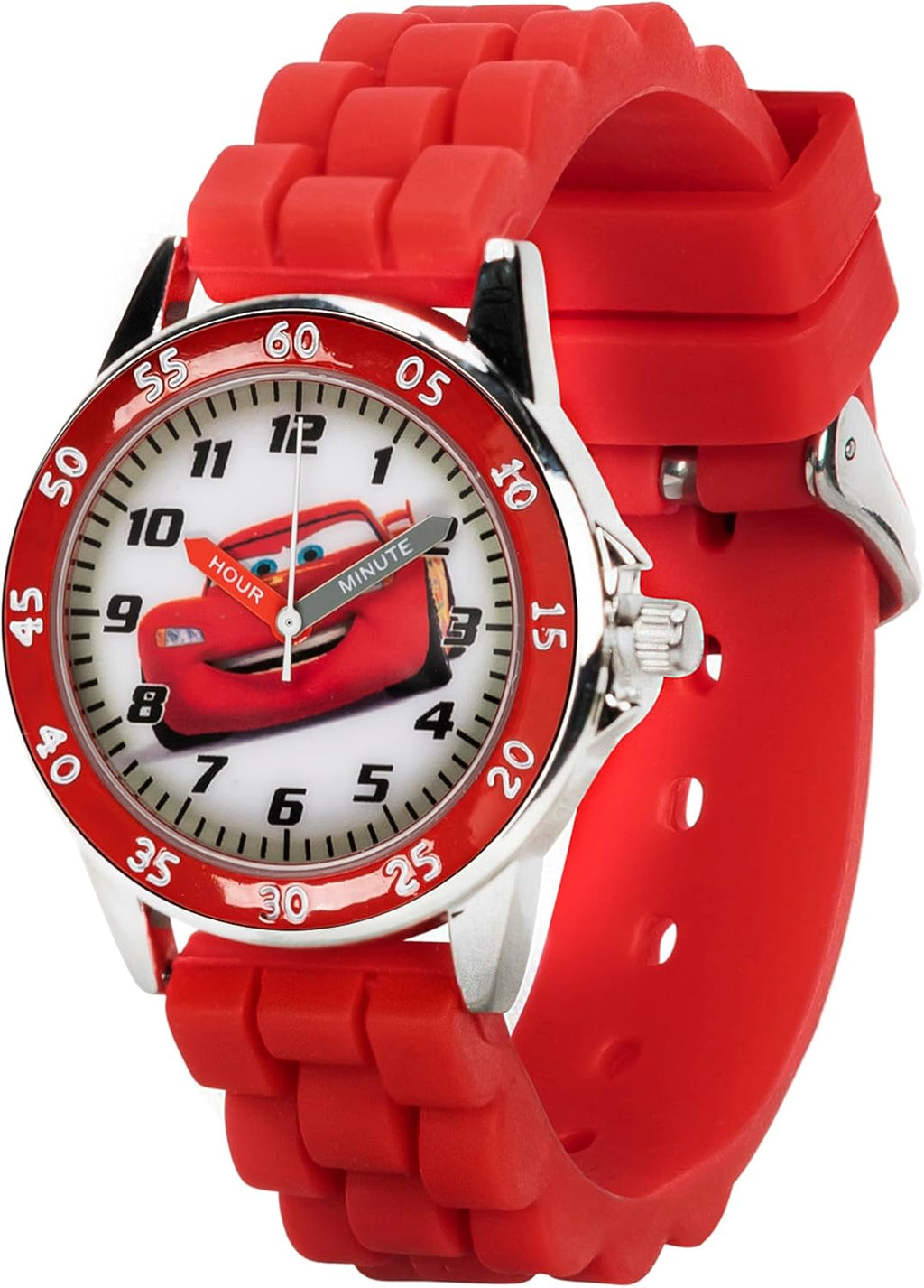 Disney Pixar Cars Kids' Time-Teaching Watch – Lightning McQueen Design with Red Silicone Strap, Easy-to-Read Dial, and Adjustable Fit for Wrists 5.5" to 8"