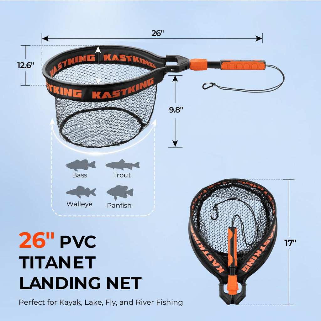 KastKing Titanet Fishing Net, Durable Aluminum Handle, Non-Slip Hi-Vis Grip, Compact Bag & Lanyard, Ideal for Kayak, Lake, Fly, or River Fishing, 2 Net Options