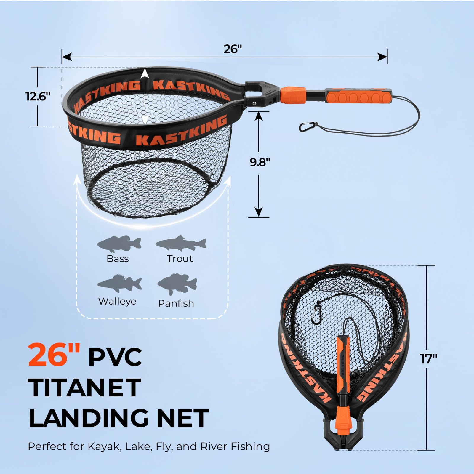 KastKing Titanet Fishing Net, Durable Aluminum Handle, Non-Slip Hi-Vis Grip, Compact Bag & Lanyard, Ideal for Kayak, Lake, Fly, or River Fishing, 2 Net Options
