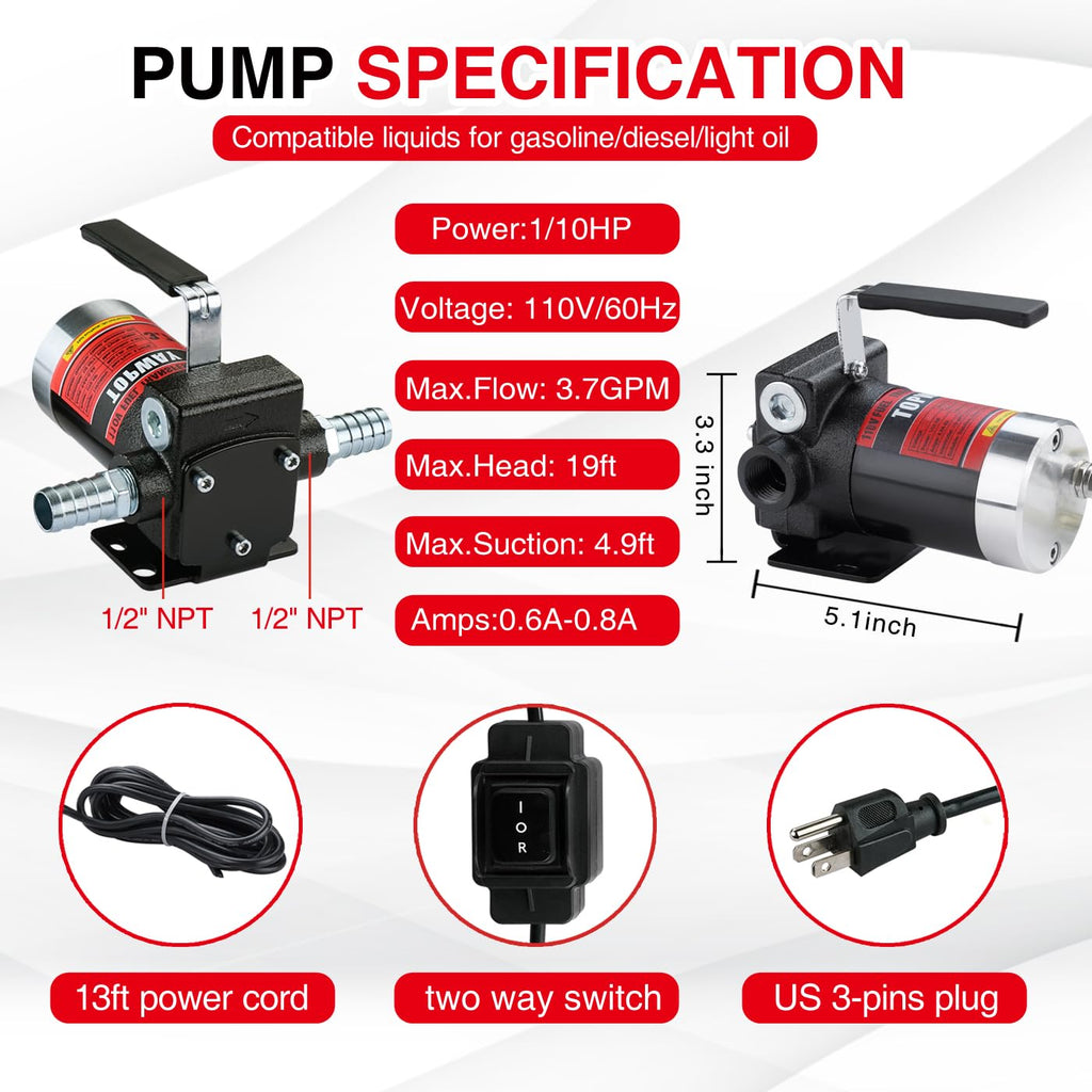 TOPWAY 12V DC Gasoline Fuel Pump 3.7GPM Self-priming Oil Transfer Pump With Handle, Reversible Pumping, Overheat Protection, Explosion-Proof, Built-in Bypass, for Gasoline Fuel Diesel Kerosene Removal
