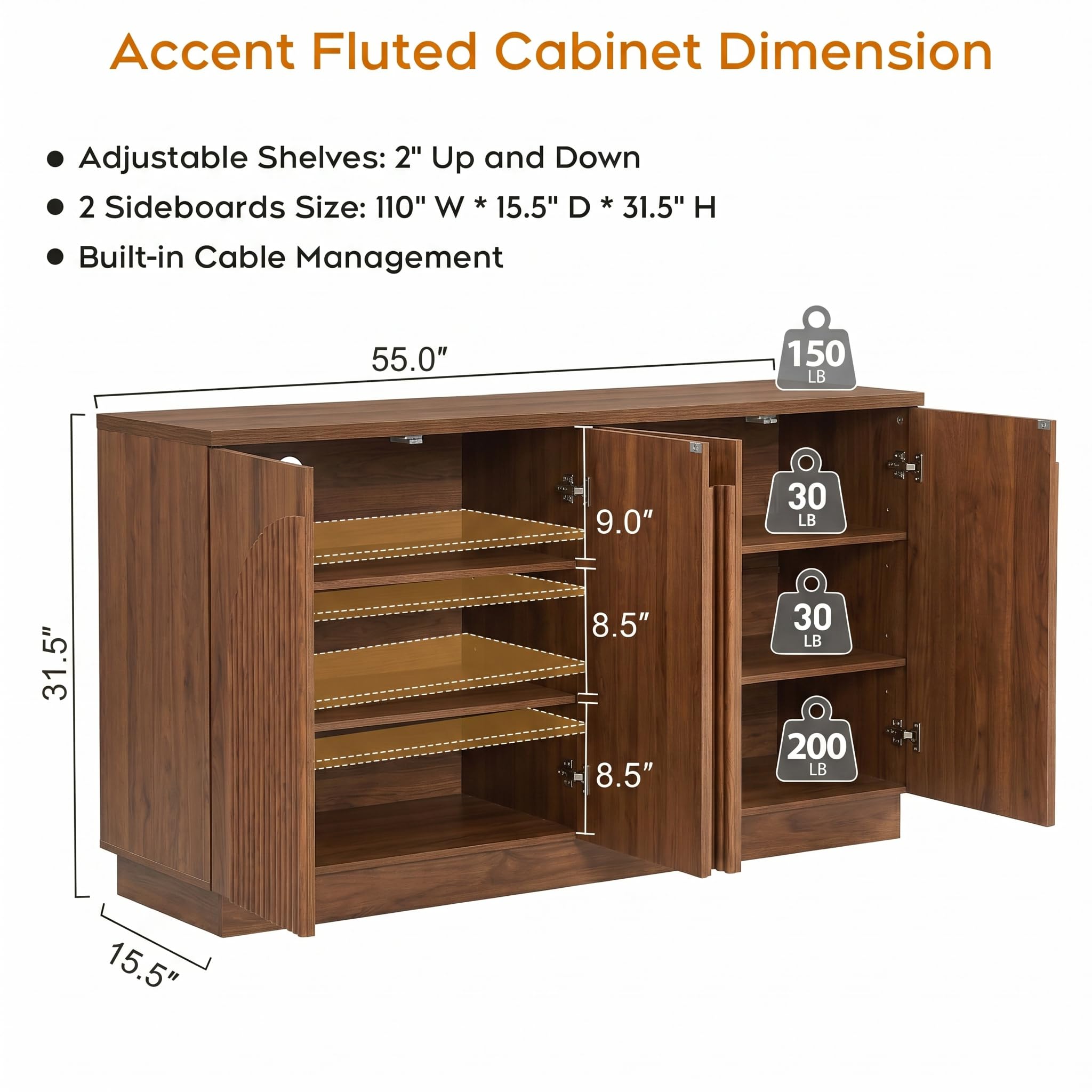 Yechen 55" Fluted Sideboard Buffet Cabinet with Storage, Wood Mid Century Modern Credenza Cabinet w/Arched Reeded Doors & Adjustable Shelves for Kitchen, Living Room, Entryway