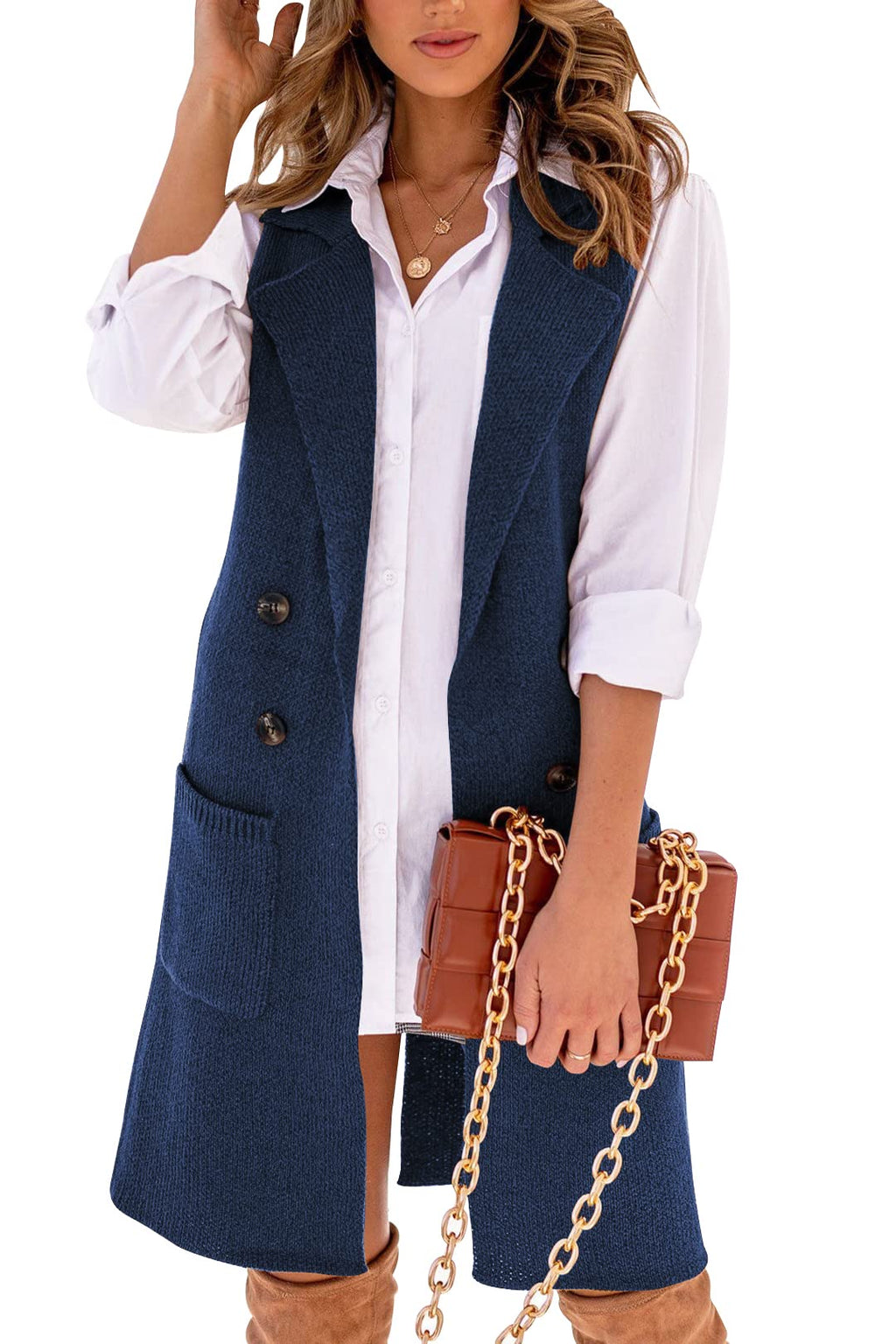 Danedvi Women Open Front Lapel Collar Cardigan Vest Button Down Long Sweaters Cardigan Solid Outerwear Coats