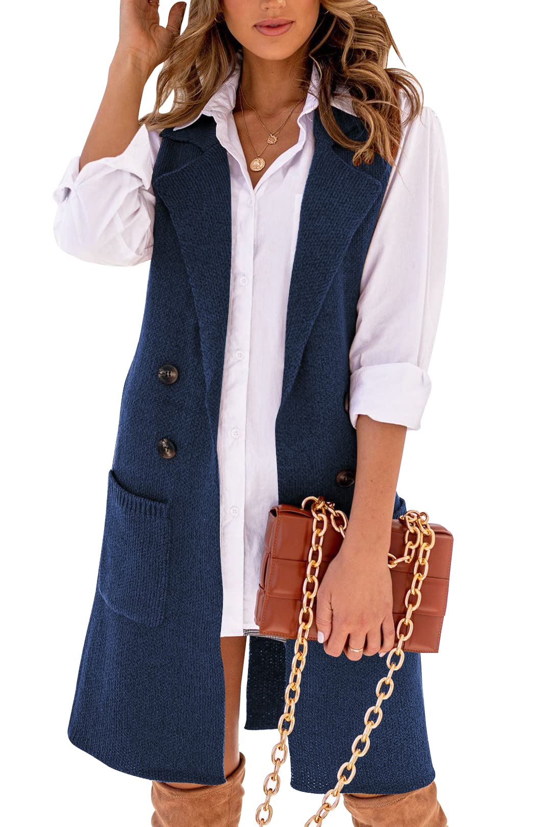 Danedvi Women Open Front Lapel Collar Cardigan Vest Button Down Long Sweaters Cardigan Solid Outerwear Coats
