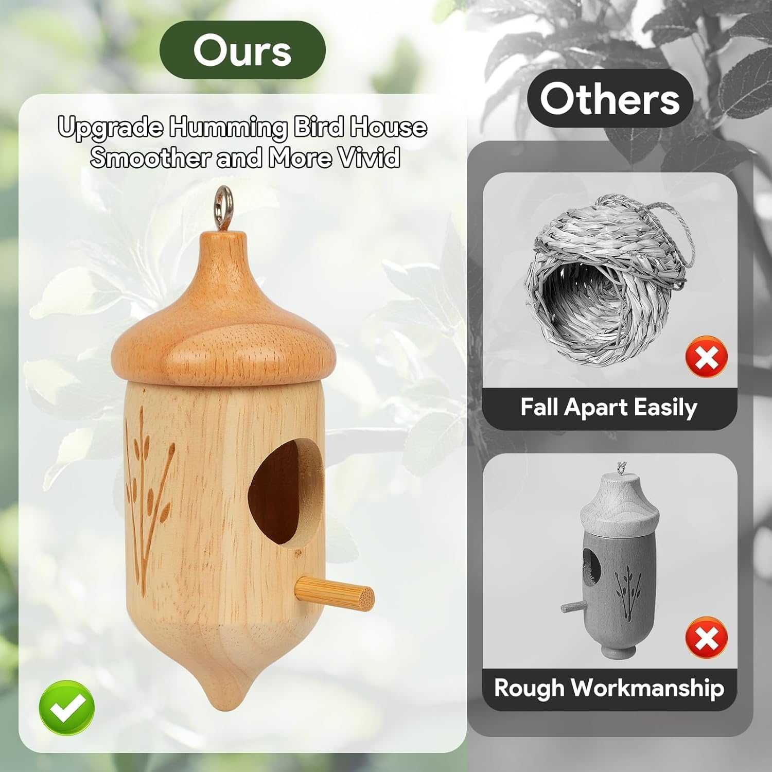 Hummingbird House, Small Hummingbird Houses for Outside, Wooden Bird House with Bow, String, Cute Gardening Gifts Home Decoration