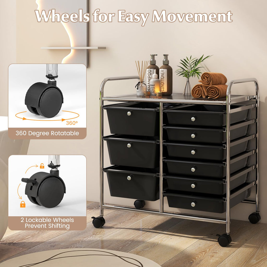 LDAILY 9 Drawer Rolling Storage Cart, Rolling Cart with Drawers for Classroom, Art Supply Craft Organizer on Wheel with Metal Frame & Handles for Home Office School