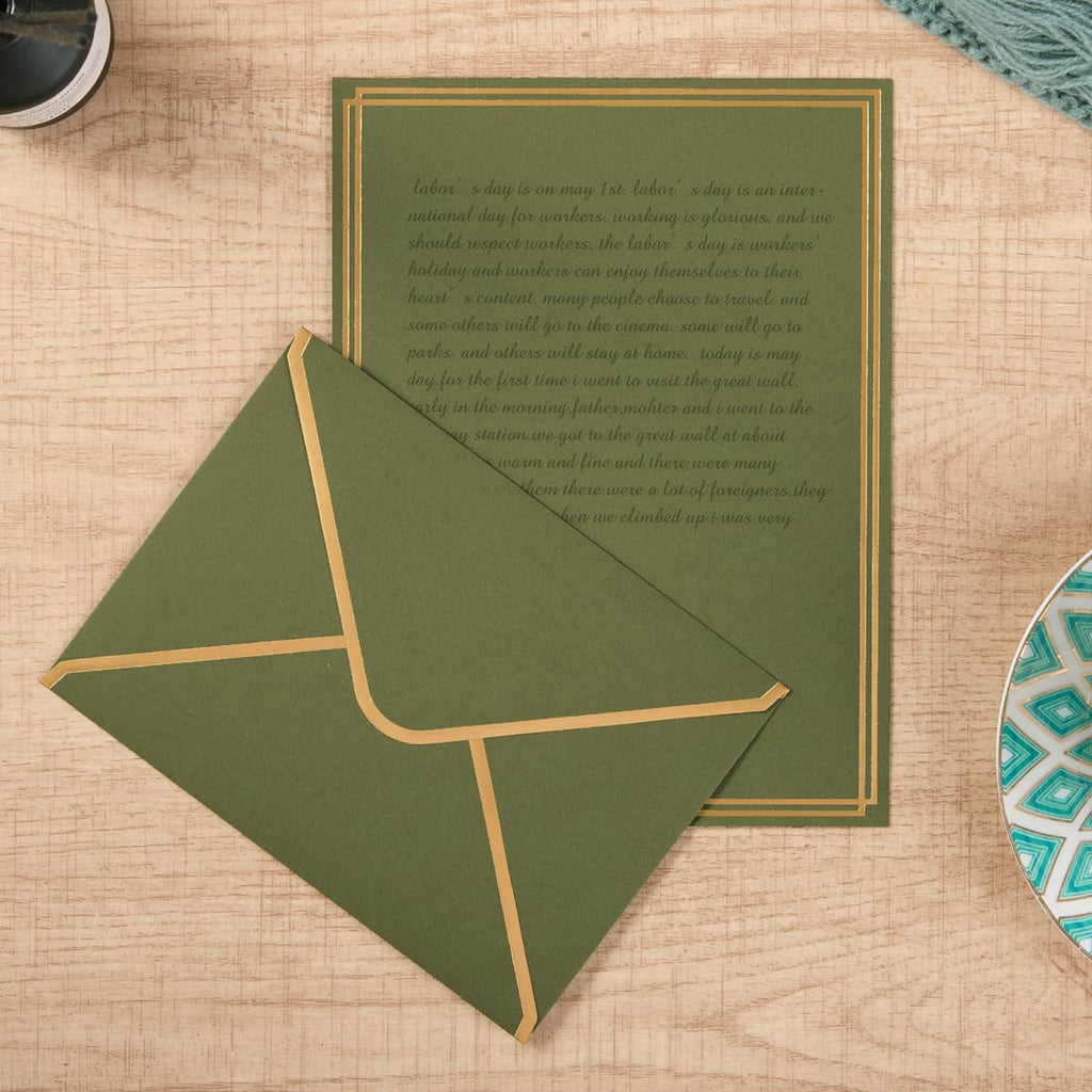50 Pack Stationery Set with Envelopes, Cream Color, 8.5x11 Inches | Gold Border, #10 Business Envelopes and 8.5x11 Paper Sheets, Stickers for Letter Writing, Invitations