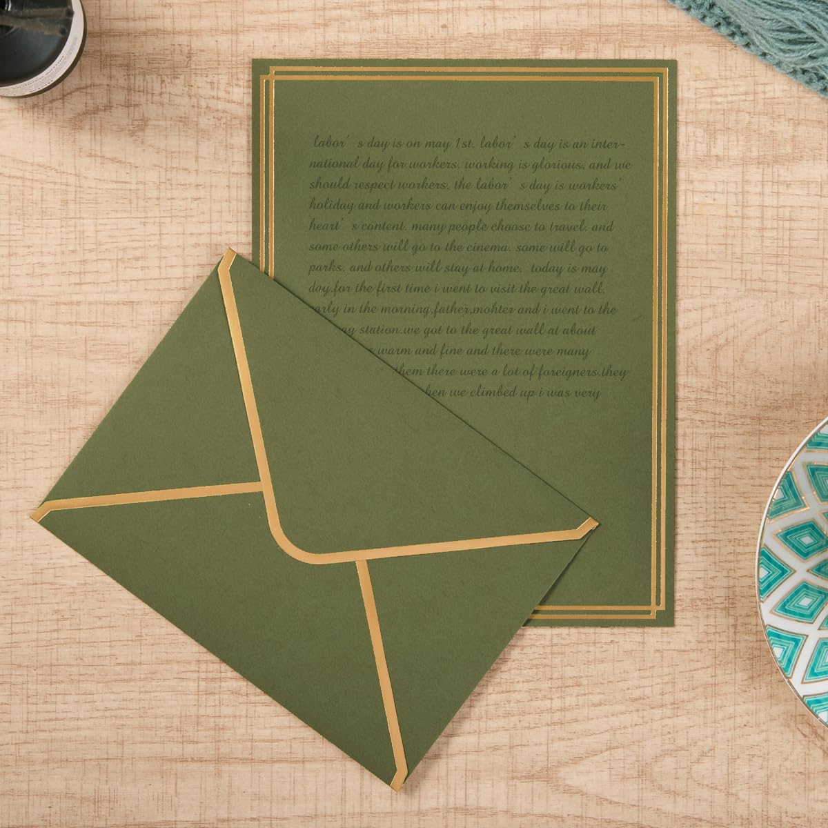 50 Pack Stationery Set with Envelopes, Cream Color, 8.5x11 Inches | Gold Border, #10 Business Envelopes and 8.5x11 Paper Sheets, Stickers for Letter Writing, Invitations
