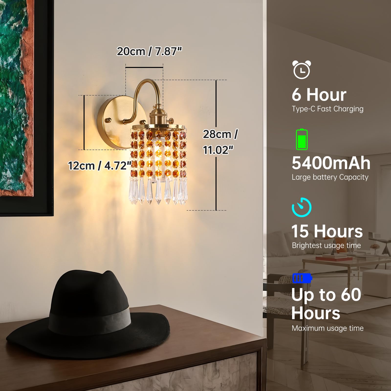 Shenmoyl Set of 2 Crystal Battery Operated Wall Sconce, Rechargeable Battery Powered Wall Lamp with Remote Control, Modern Dimmable Wall Lights for Bedroom Bathroom(Green, Gold Base)