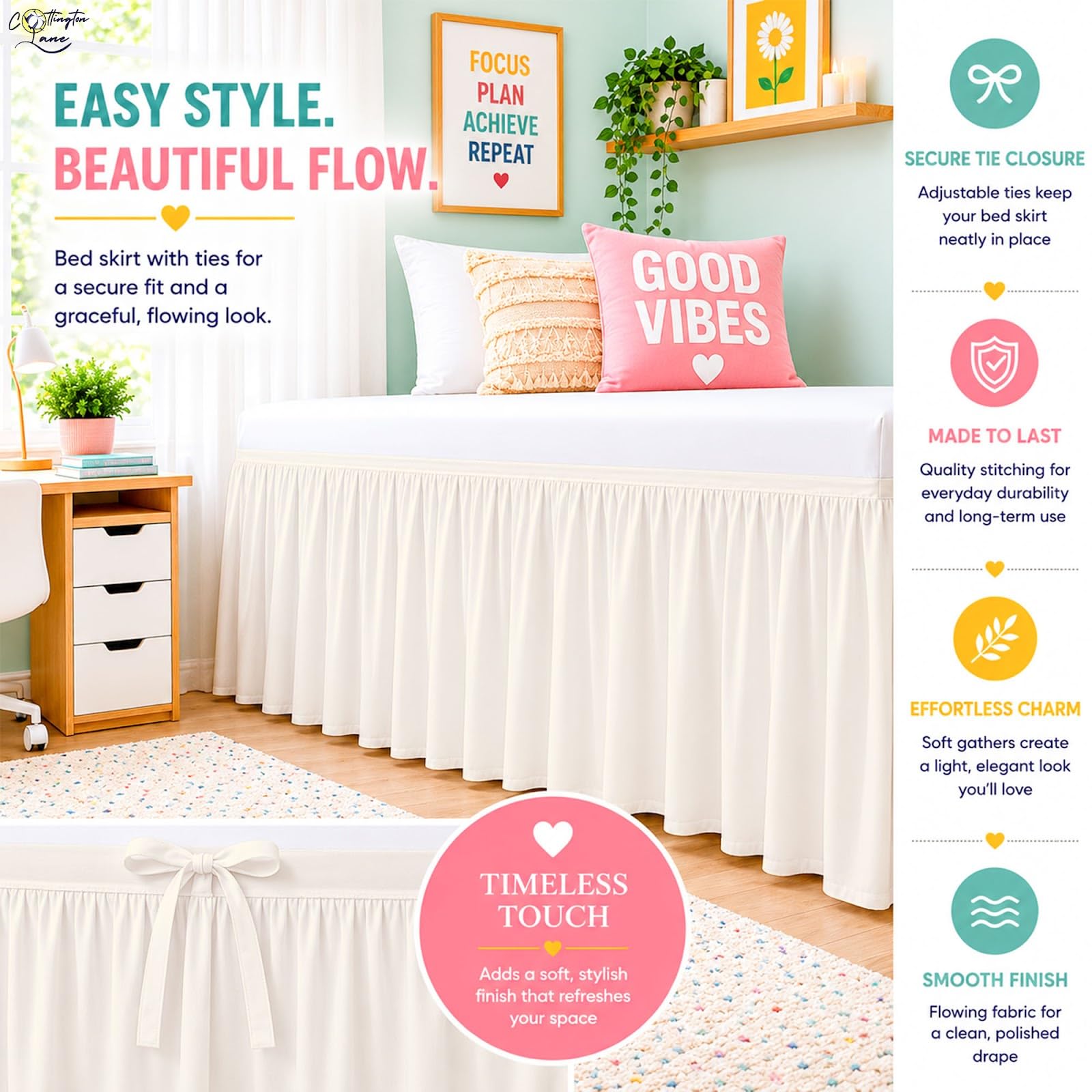 Cottington Lane Ruffled Dorm Room Bed Skirt Twin XL 25 Inch Drop, Hotel Quality Premium Brushed Microfiber Twin Extra Long College Dust Ruffle, White