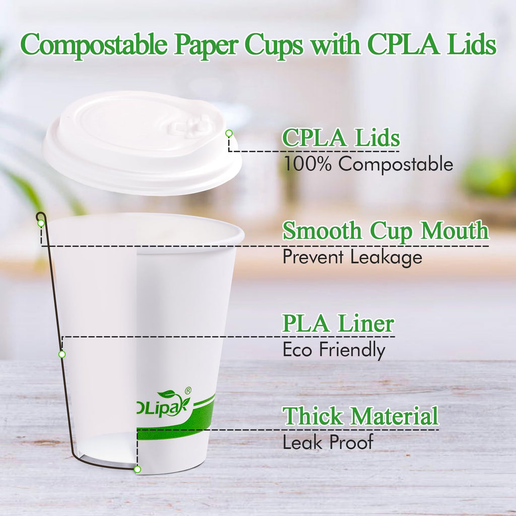 ECOLipak 100 Count 12 oz Compostable Paper Coffee Cups, Biodegradable Disposable Coffee Cups with CPLA Lid, Eco-friendly Hot Drinking Cups for Party, Picnic, Travel, and Events