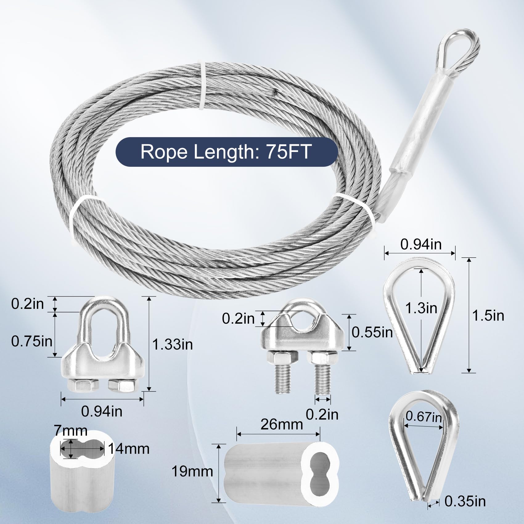 Thickened 3/16" 25ft Stainless Steel Cable with Wire Rope Clip, Thimble and Aluminum Crimping Loop Sleeve, 7X19 Strands Aircraft Cable, 3700lbs Breaking Strength for Deck Railing, String Lights
